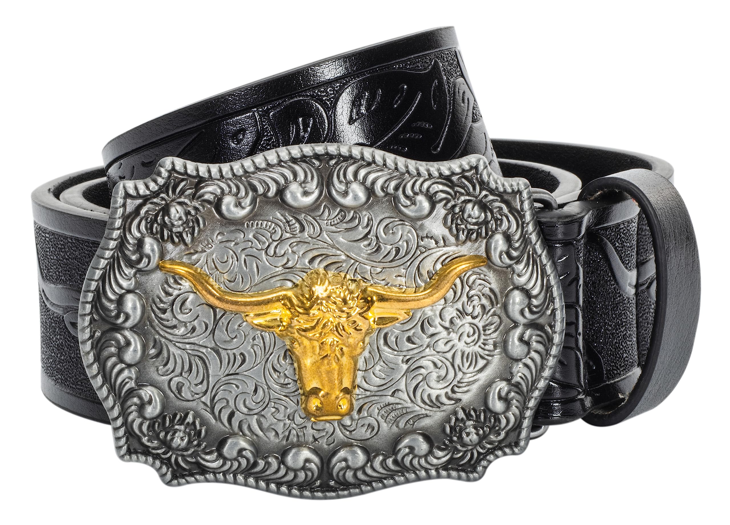 Western Leather Buckle Belts - Cowboy Longhorn Bull Pattern Buckle Belt Floral Engraved Buckle Belt for Men Women