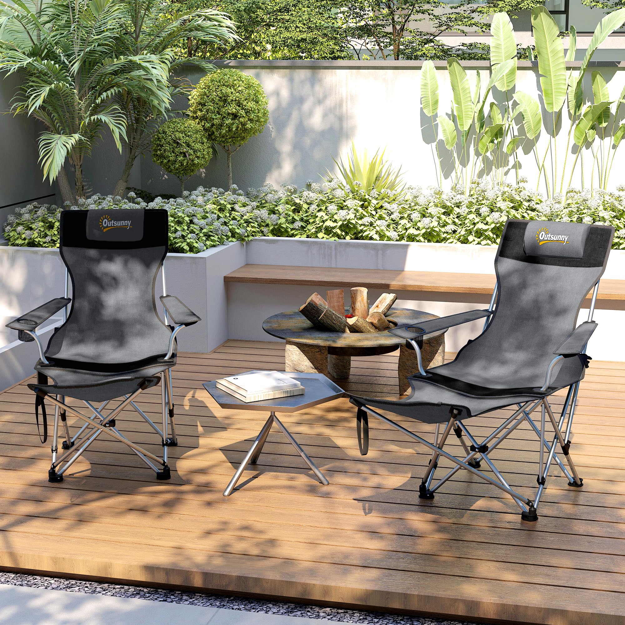 Outsunny Conjunto de 2 Sillas Plegables Camping Tumbonas Camping Portátiles con Reposapiés Desmontable Reposacabezas Portavasos y Bolsa Lateral Carga 120 kg para Jardín Playa Pesca Gris y Negro