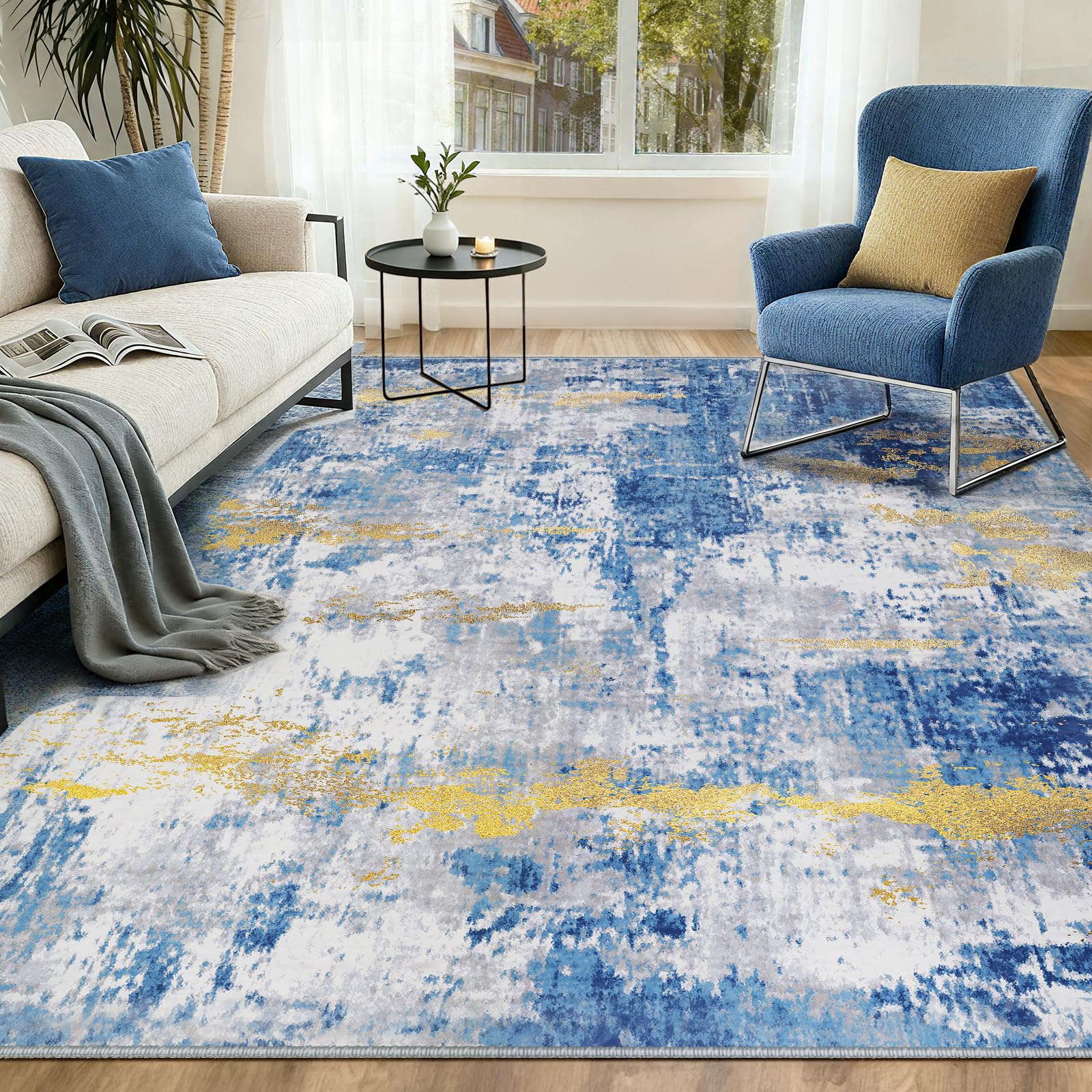INOVADAY Washable Rugs Living Room 150x210 cm Modern Abstract Rug with Soft Low Pile Vacuum Friendly Non Slip Backing Minimalist Carpet for Lounge Bedroom Dining Room Home Office Blue/Gold — image 1
