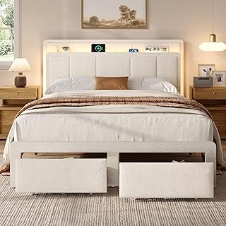 Queen Storage Bed Frame, Upholstered Platform Bed with 2 Drawers, Velvet Vertical Tufted Headboard with LED Lights & Charging Station, Wooden Slats Support, No Box Spring Needed, White