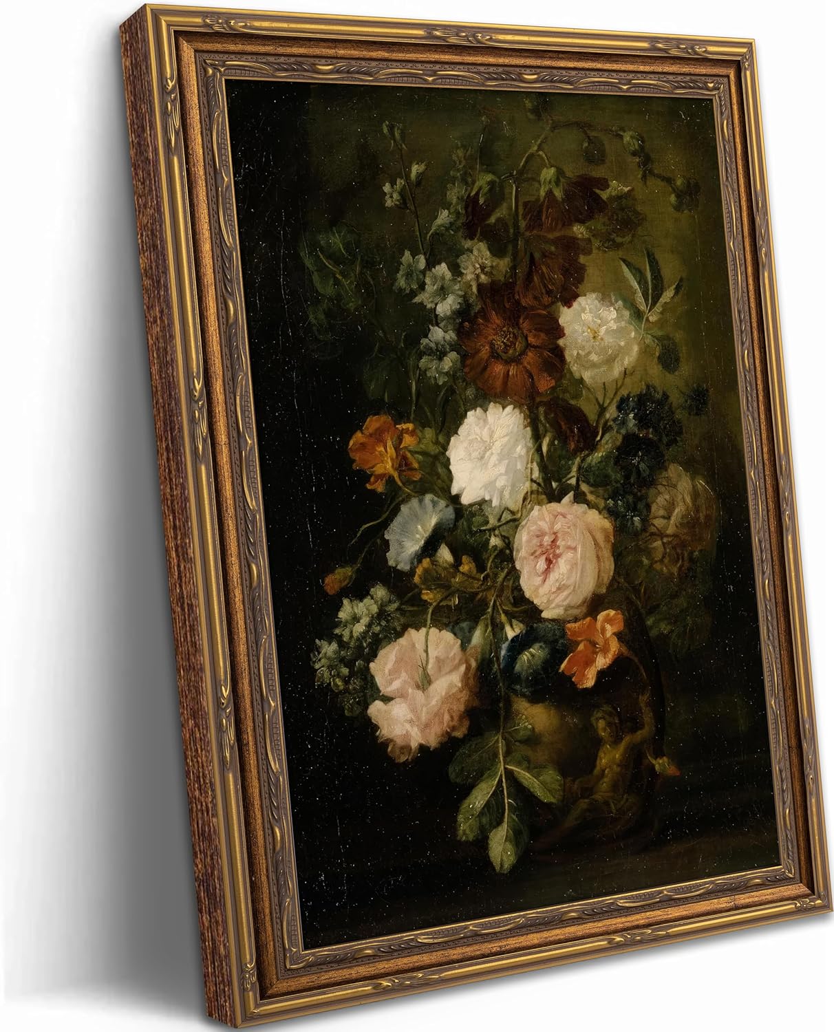 Vintage Gold Framed Dark Flowers Wall Art Canvas Print - Moody Victorian Oil Painting Style for Living Room Bedroom Decor