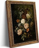 Vintage Gold Framed Dark Flowers Wall Art Canvas Print - Moody Victorian Oil Painting Style for Living Room Bedroom Decor