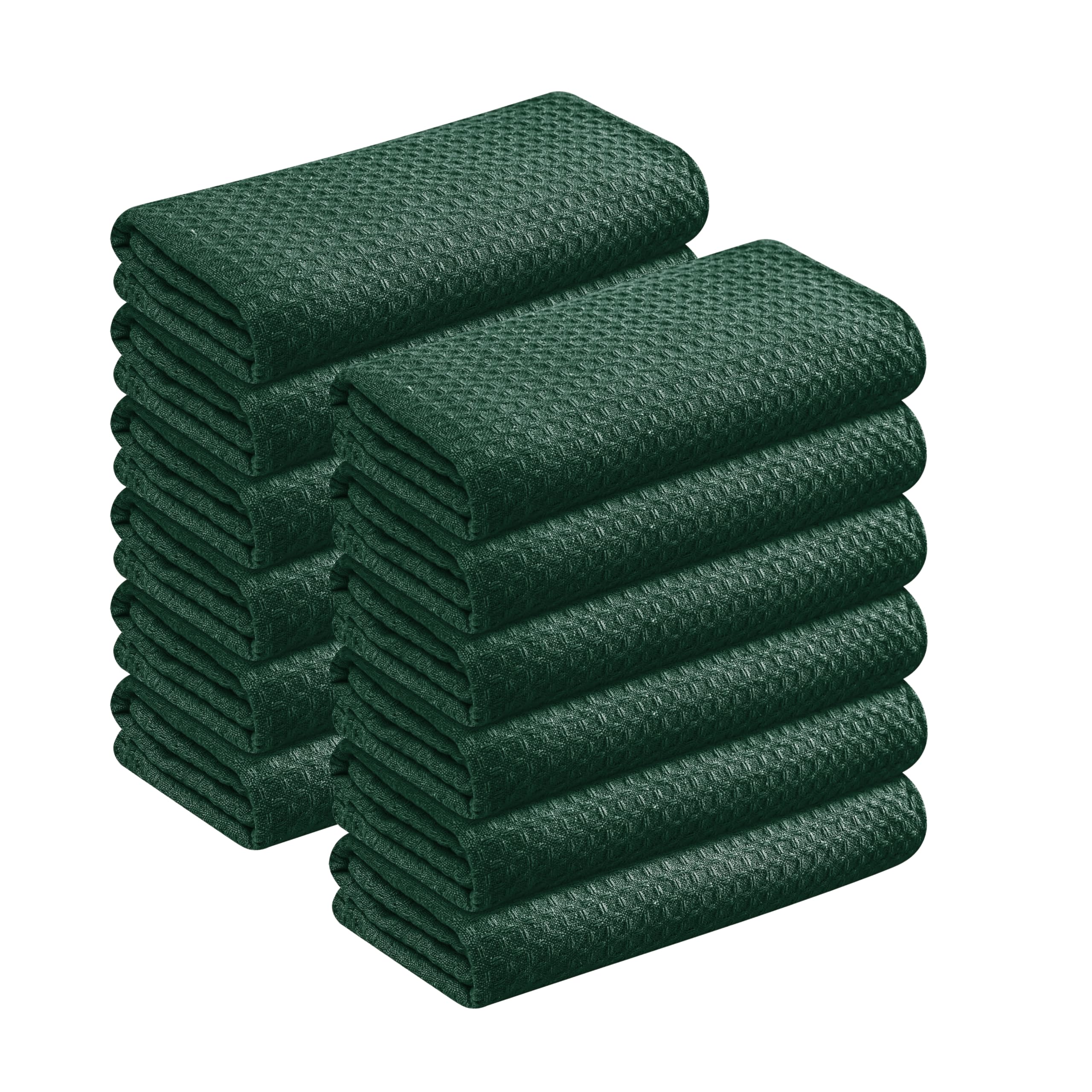 Forest Green Kitchen Dish Towels Set of 12-100% Cotton Waffle Weave, Super Absorbent, Soft, Quick Drying, 16x26 Inches, Ideal for Cleaning, Bar, Tea, and Everyday Use, Olive Green