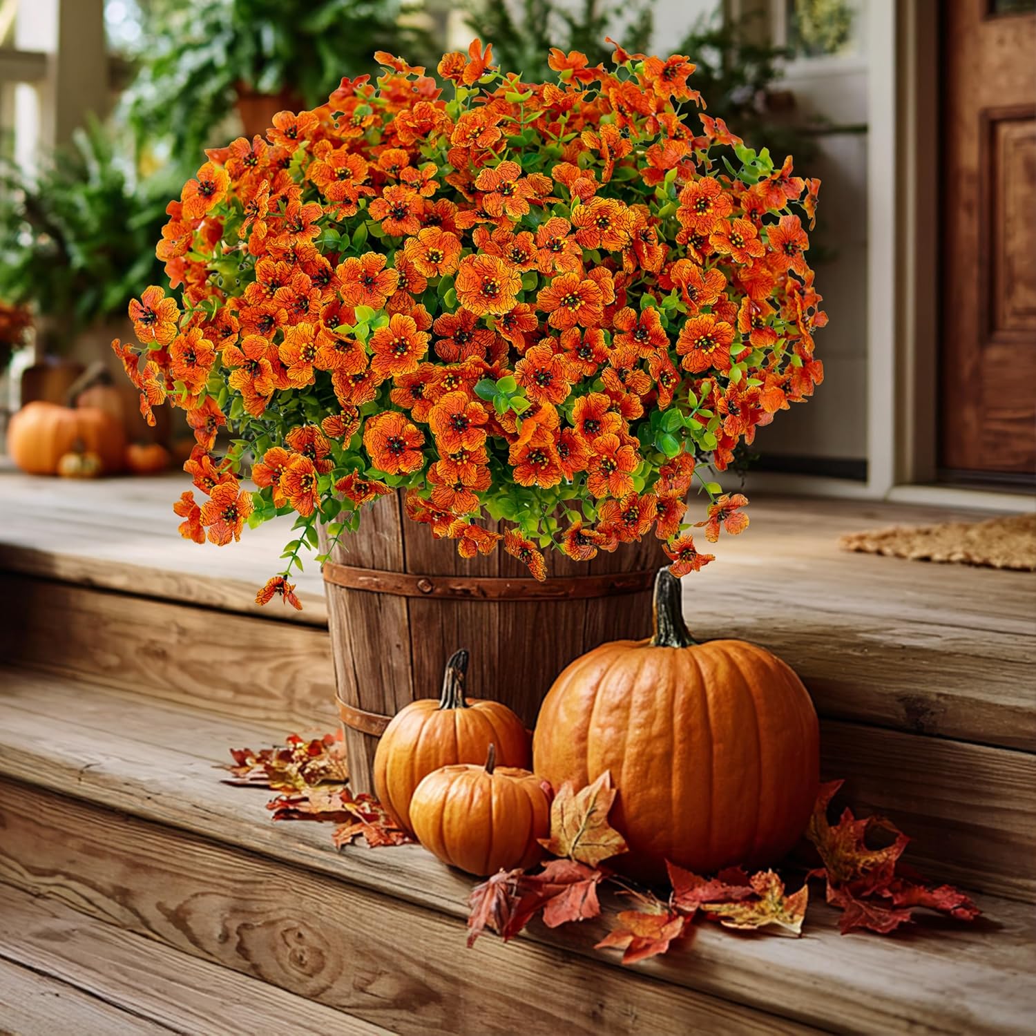 Artificial Fall Flowers Outdoor Fake Mums - 16 Bundles Fake Plants UV Resistant No Fade Faux Plastic Greenery Garden Porch Patio Fall Home Decor (Red Orange16) - Image 3