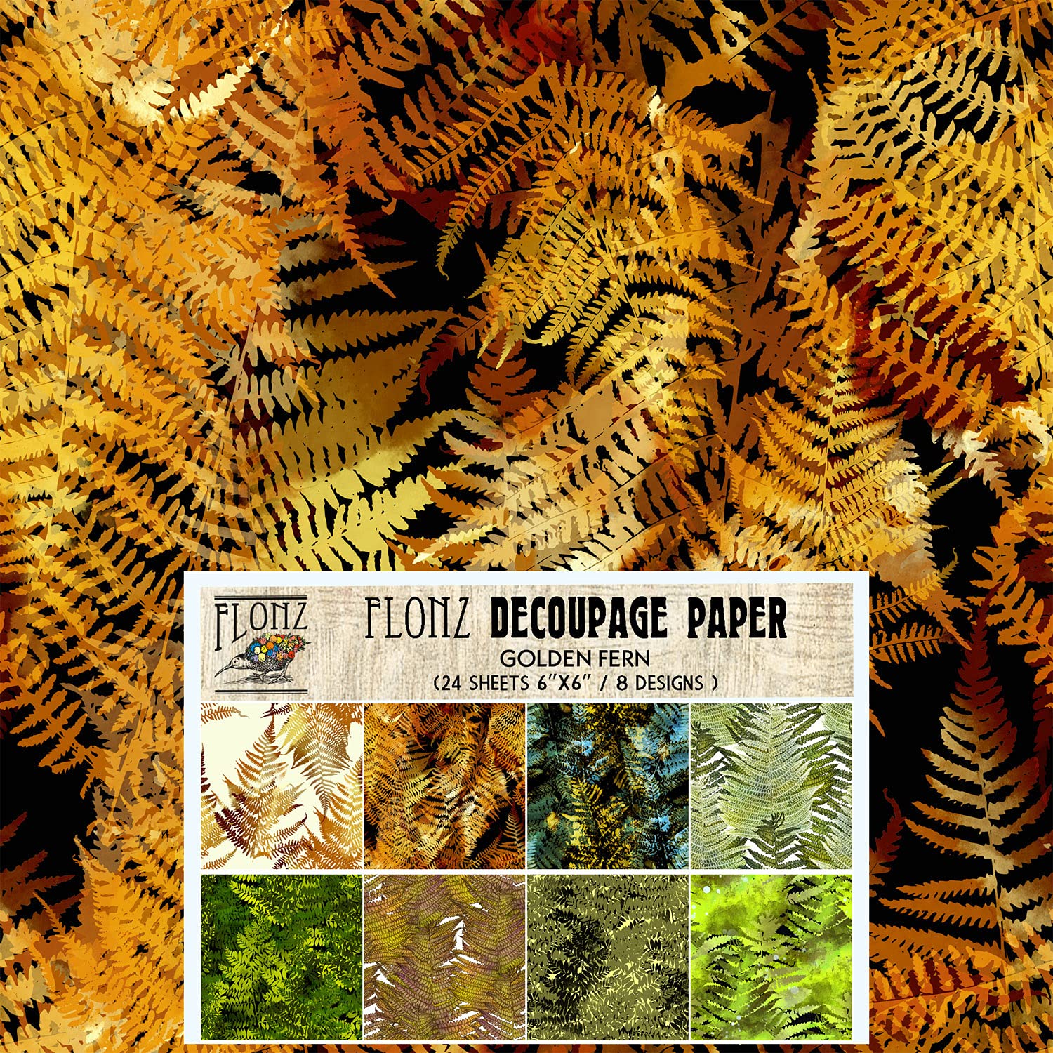 Flonz Decoupage Paper Pack (24 Sheets 6"x6") Green and Golden Fern Vintage Styled Paper for Decoupage, Craft and Scrapbooking
