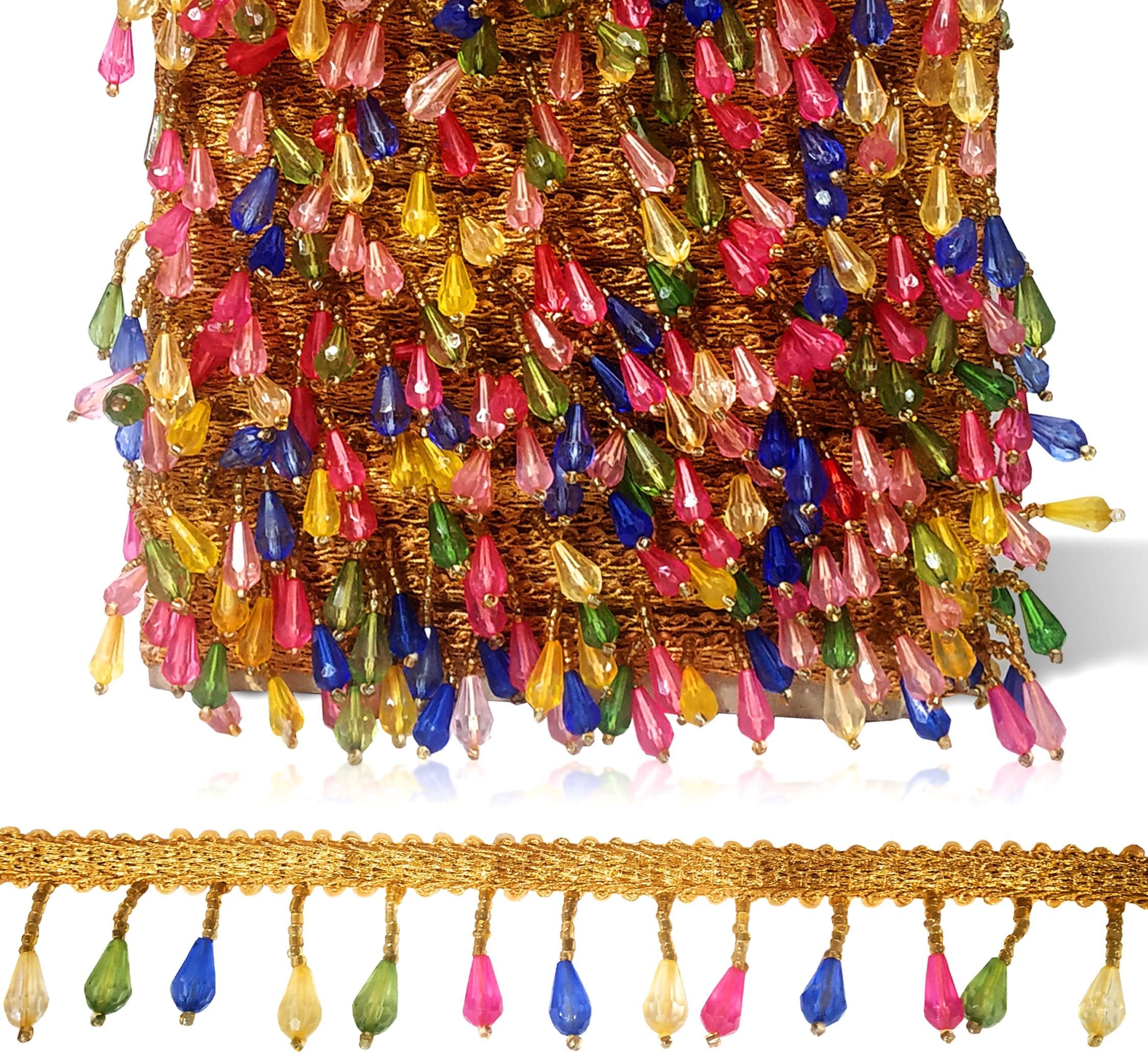 Uniqon (3.5cm X 8.5 Mtr) Multicolor Anar/Pomegranate Shape Beaded Fringe Tassel Latkan Ethnic Wear Gota Trim Lace Craft Material for Wedding Party Suits, Sarees, Lehengas, Dresses Embellishment