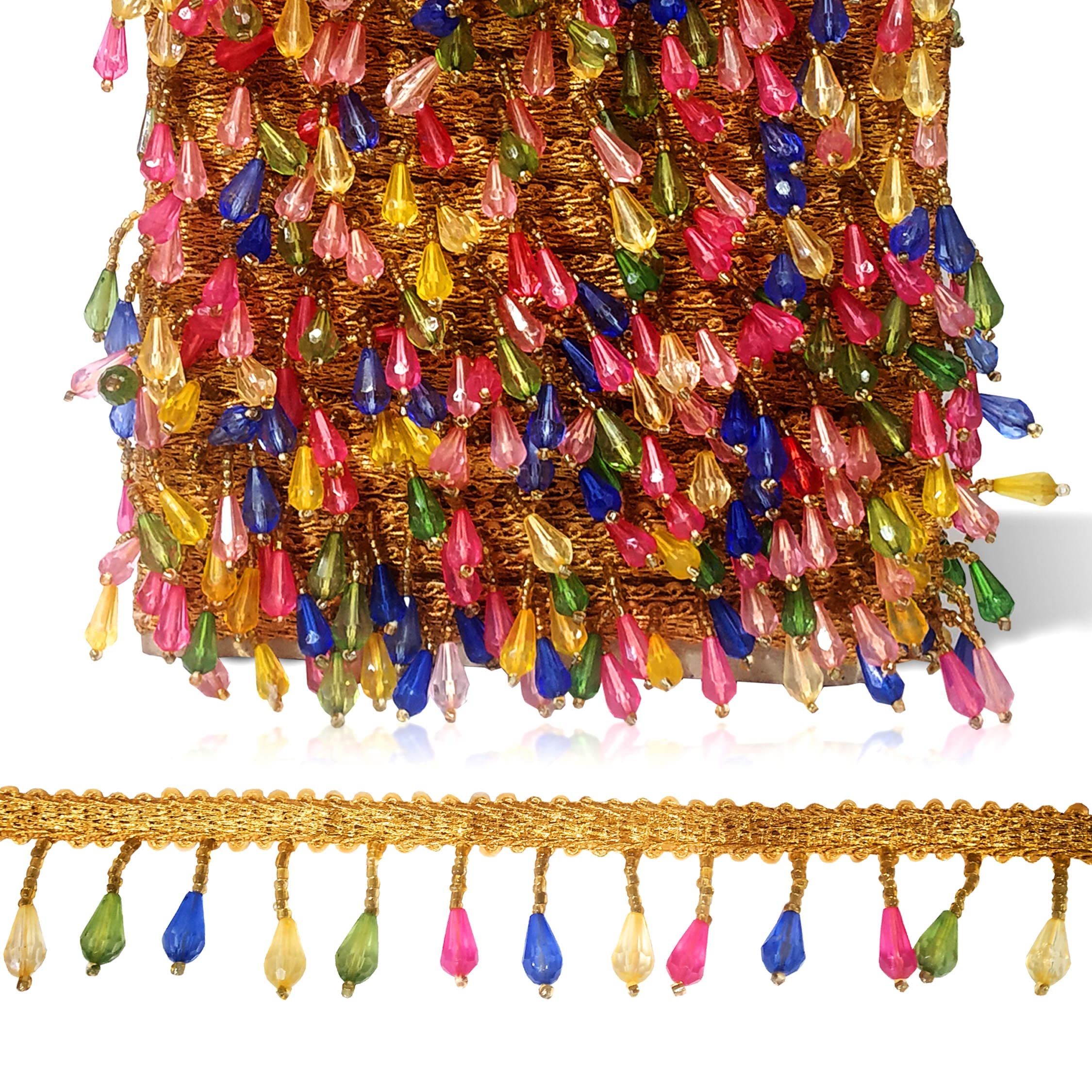 Uniqon (3.5cm X 8.5 Mtr) Multicolor Anar/Pomegranate Shape Beaded Fringe Tassel Latkan Ethnic Wear Gota Trim Lace Craft Material for Wedding Party Suits, Sarees, Lehengas, Dresses Embellishment