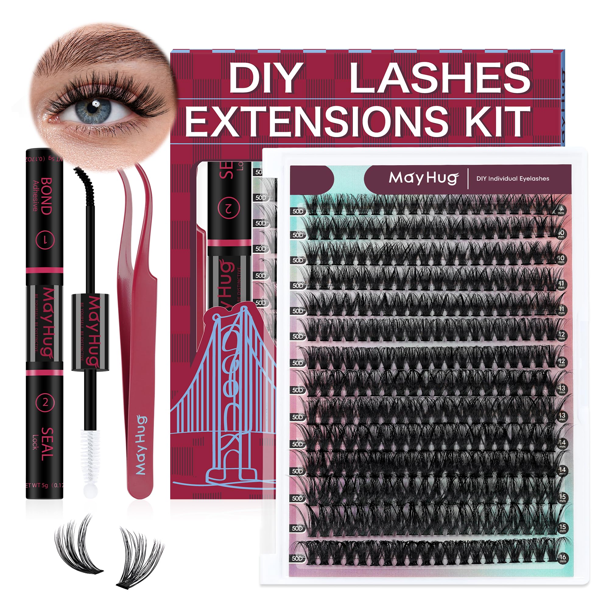 Mayhug Wimpern Extensions Set 50D Lash Extension Set 9-16mm Cluster Lashes 280Pcs D Curl Einzelne Wimpern Natürliche DIY Lash Extension Set für Anfänger(50D-9-16mix Kit)
