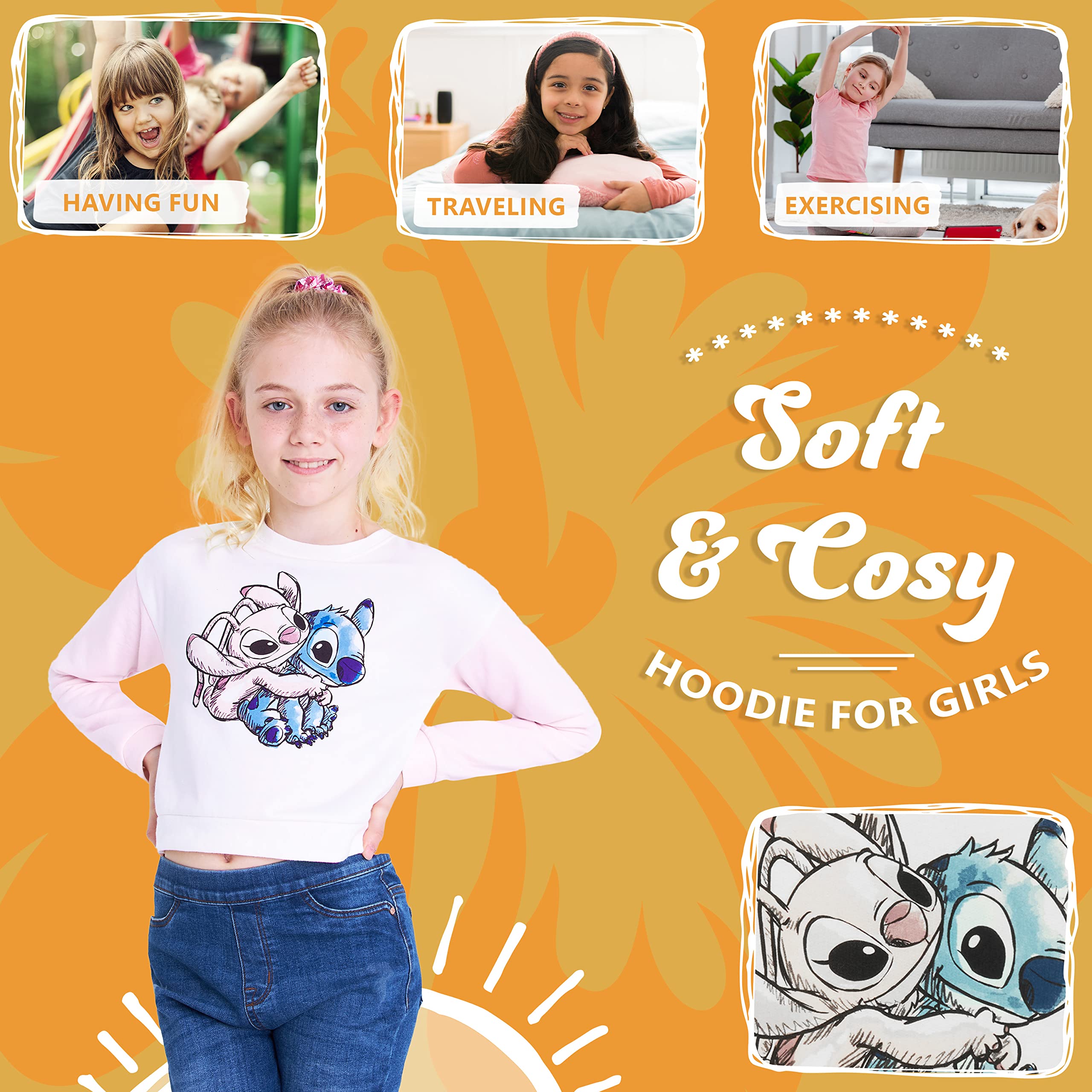 Disney Felpa Bambina - Felpa Ragazza 7-14 Anni Felpa Crop Top Girocollo Cotone Misto Gadget Stitch Regalo Bambine