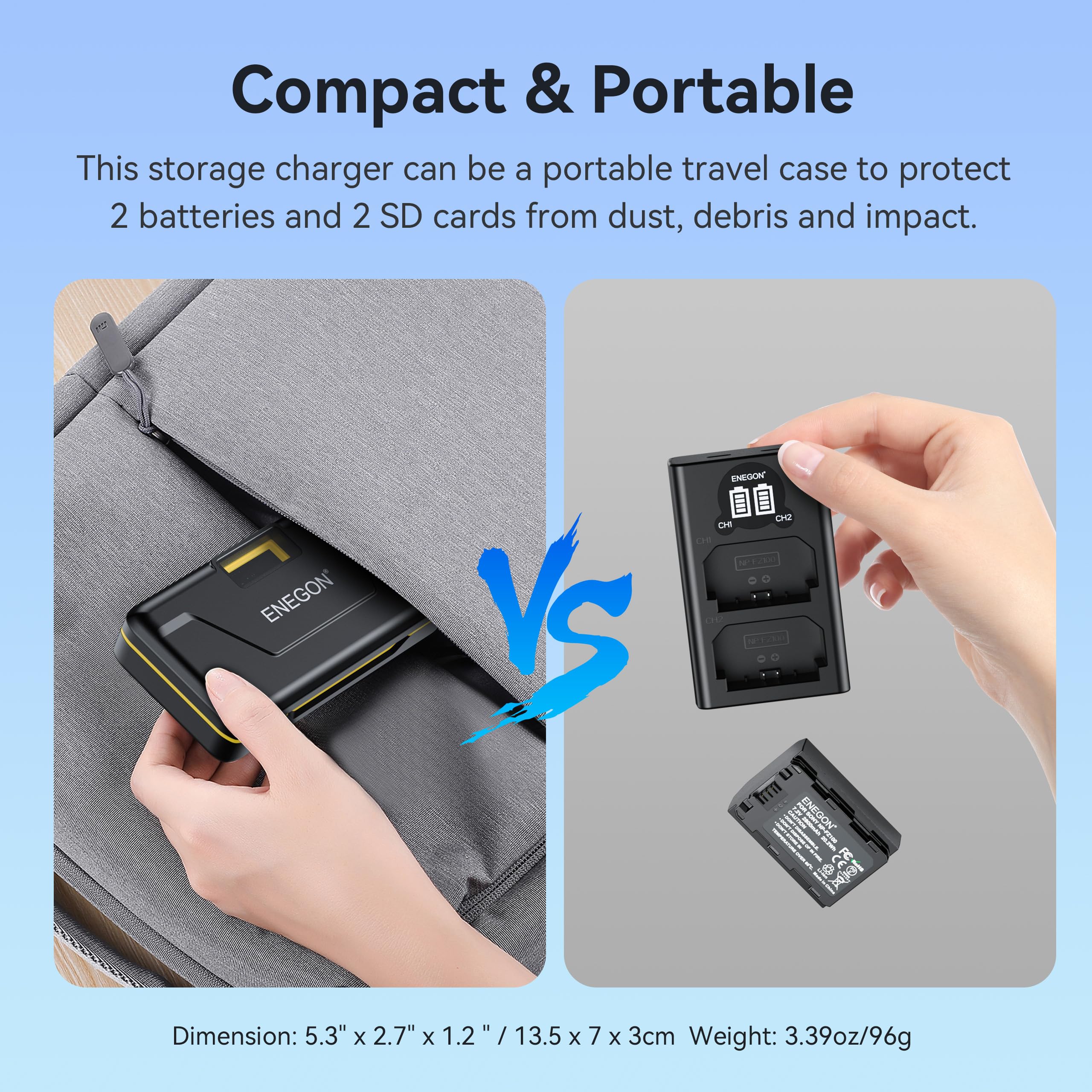 ENEGON NP-FZ100 - Caricatore rapido a doppia batteria, compatibile con Sony Alpha 7 IV, Alpha 7 III, A7R M4, A7 M4, A7C, A7R IV, A7R V, A9, A9S, A6700, A6600, FX3, FX30, display LCD