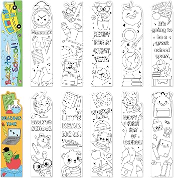 72Pcs Back to School Color Your Own Bookmarks for Kids - DIY Coloring Blank Bookmark Including Schoolbag Alarm Clock Books Ruler Painting Paper Class Party Supplies Goodie Bag Fillers