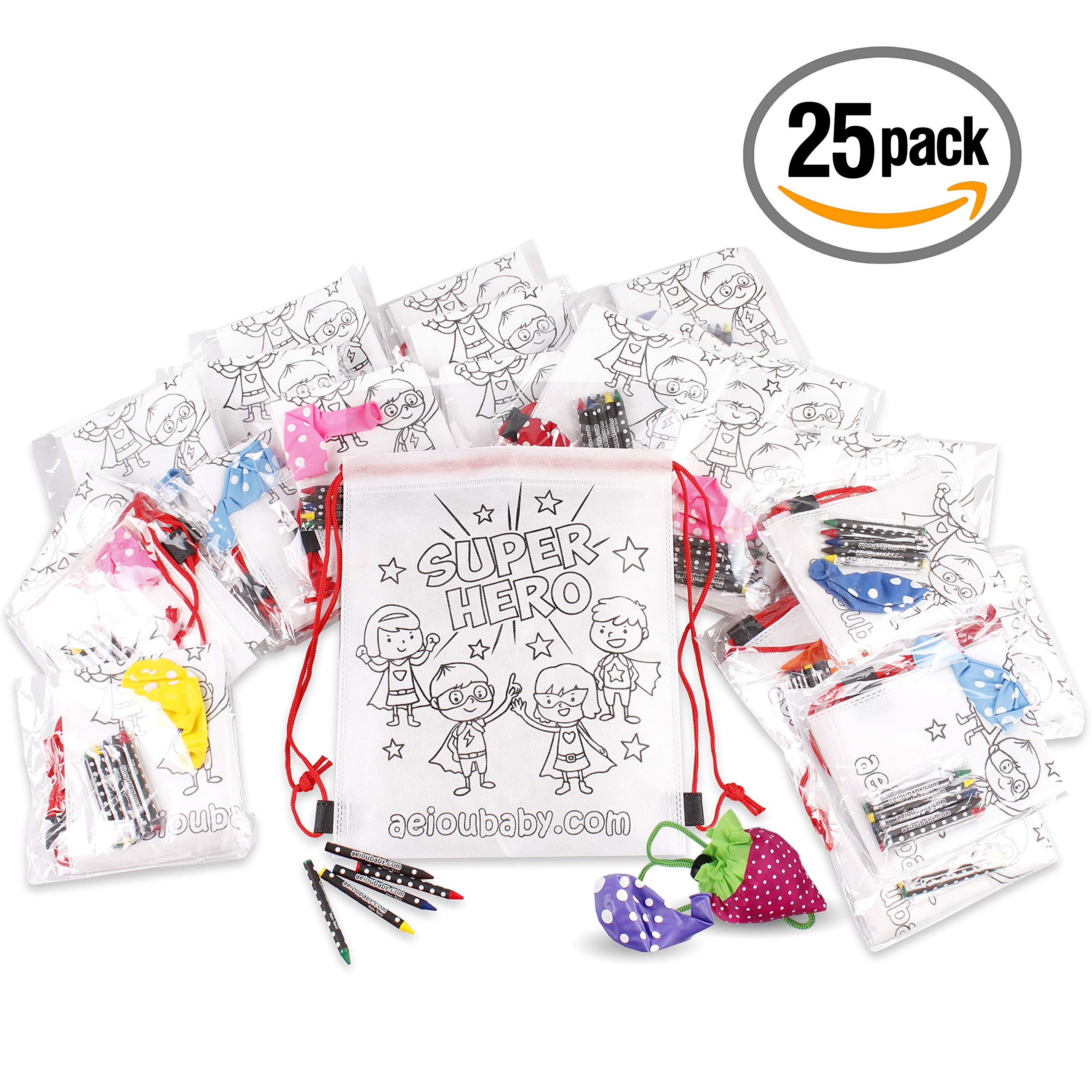 aeioubaby.com 25 Zainetti da Colorare + Borsa Riutilizzabile | 25 Bustine singole con 5 Colori a Cera e un Palloncino | Regalo per bambini per le feste e i compleanni (Eroi)