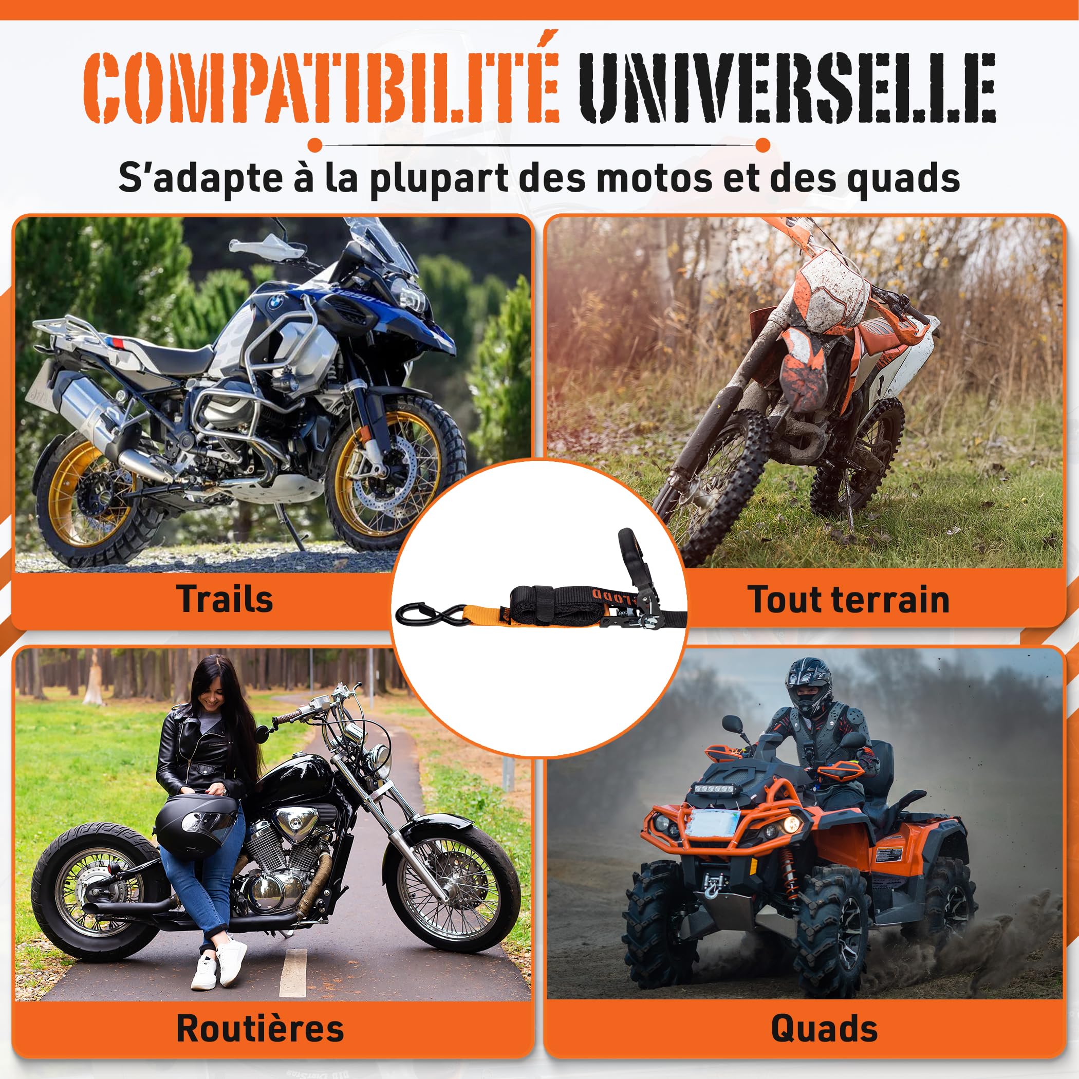 LODD - Lot de 2 Sangles d'Arrimage Moto à Cliquet 41mm x 3,4m - Crochets Sécurisés, Boucles Souples - Ultra Résistante 2000 kg - Idéal Moto, Quad, Remorque et Bateau - Sac de Transport Inclus