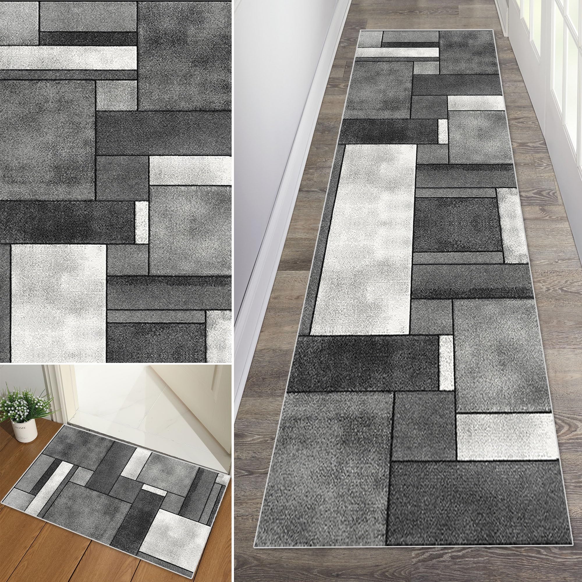 Tapis de couloir géométrique noir 110 x 350 cm salon cuisine chambre