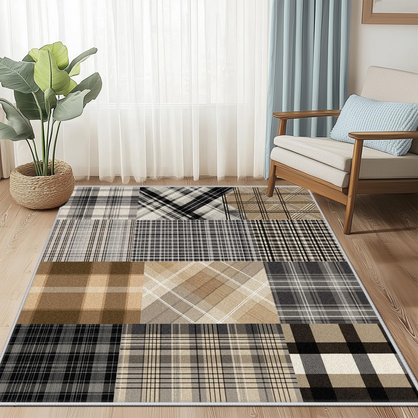 Tapis haut de gamme à carreaux patchwork 100x140 cm lavable kaki