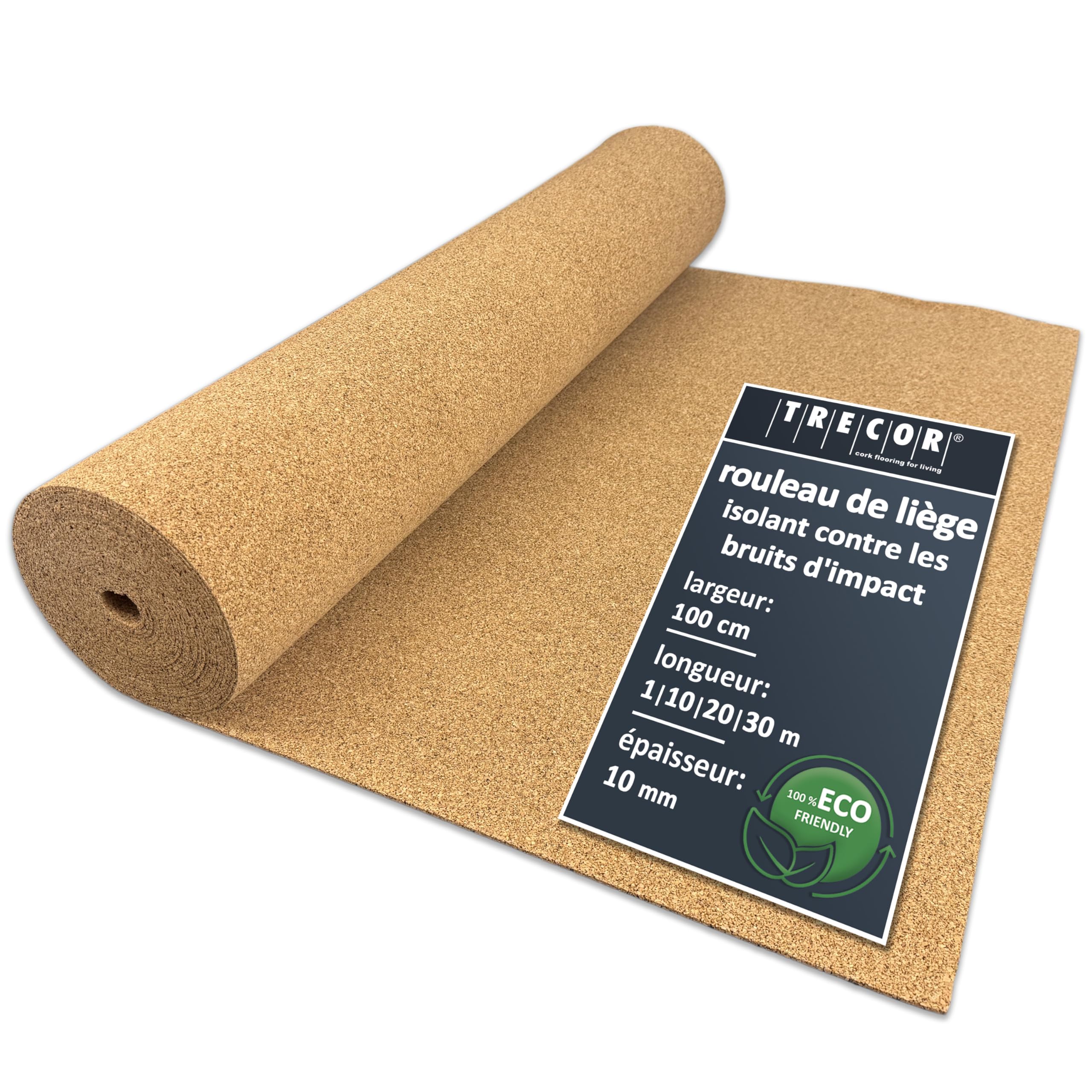 10 m² | Isolation phonique TRECOR Rouleau en liège – Épaisseur 10 mm – Isolation acoustique naturelle et écologique pour sols stratifiés et parquets – 10 m²
