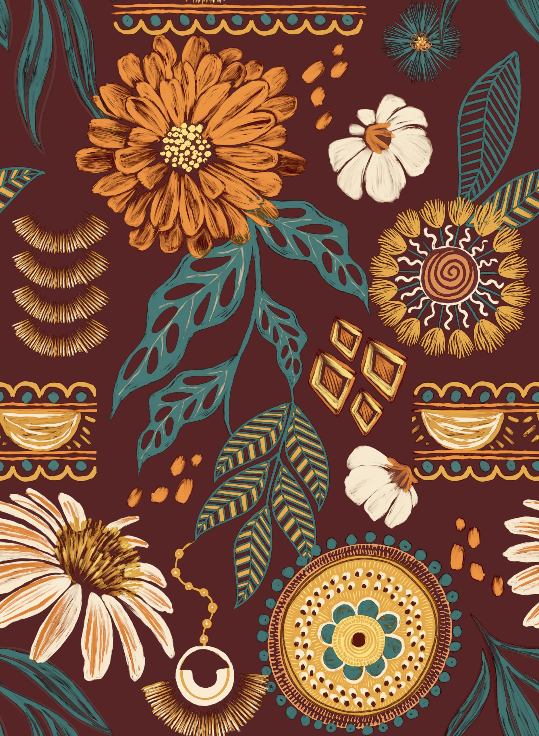 Boho Wallpaper Peel and Stick, 17.3" x 120" Sun Floral Retro Removable Contact Paper Dark Botanical Flowers Wall Mural for Decorative Bedroom Bathroom Home Wall