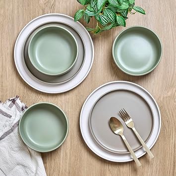 Sango 12-Piece Stoneware Dinnerware Set for 4, Satin Glazed Plates and Bowls Sets with Matte Finish, Ceramic Dish Set, Durable Kitchen Dishes, Microwave & Dishwasher Safe for Casual Dining, Rollo Alta