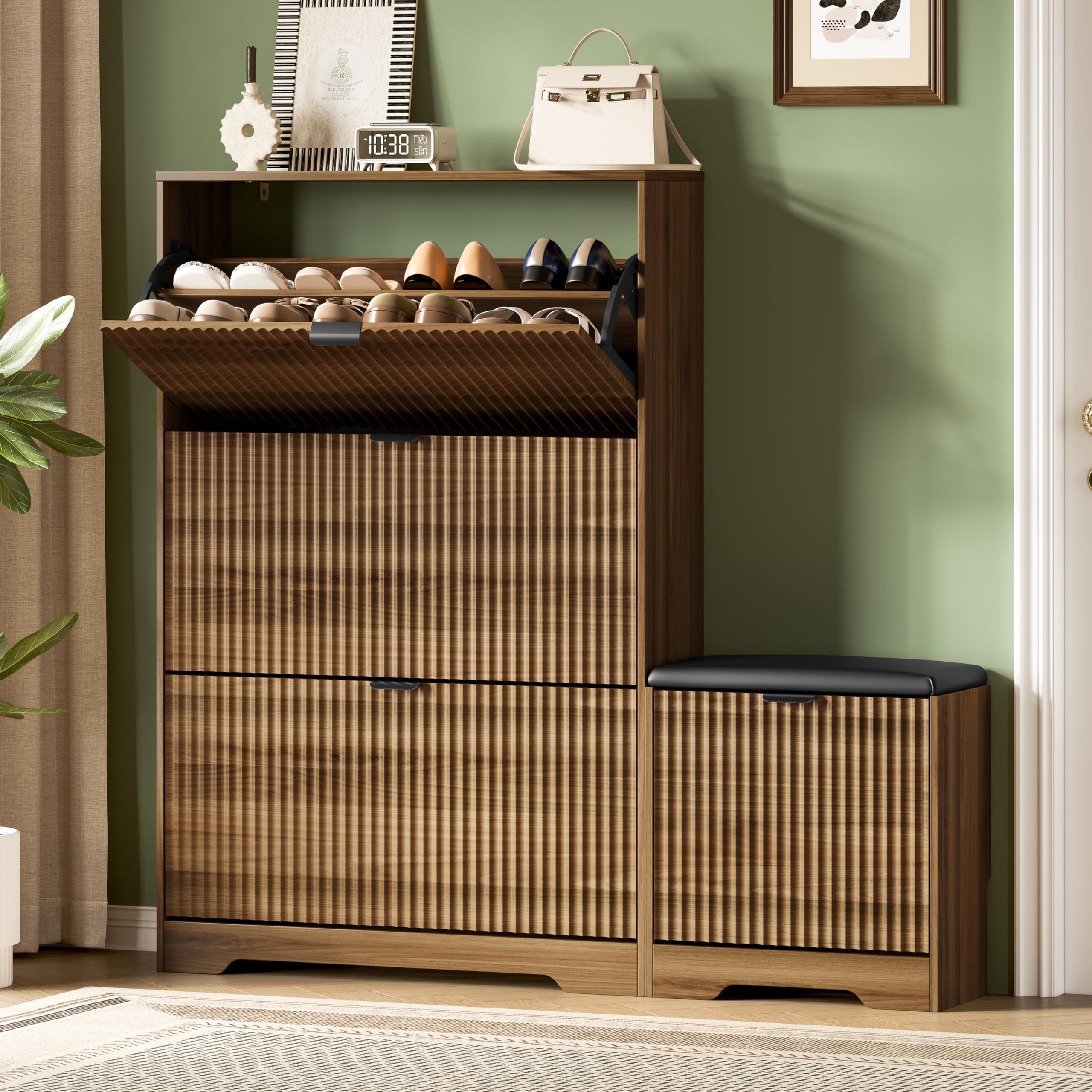 Xixini Shoe Storage Cabinet for Entryway with 3 Flip Drawers &amp; Bench, Slim Wood Shoe Organizer with Modern Fluted Panel, Freestanding Narrow Shoe Rack for Front Door Entrance, Hallway, Foyer, Walnut