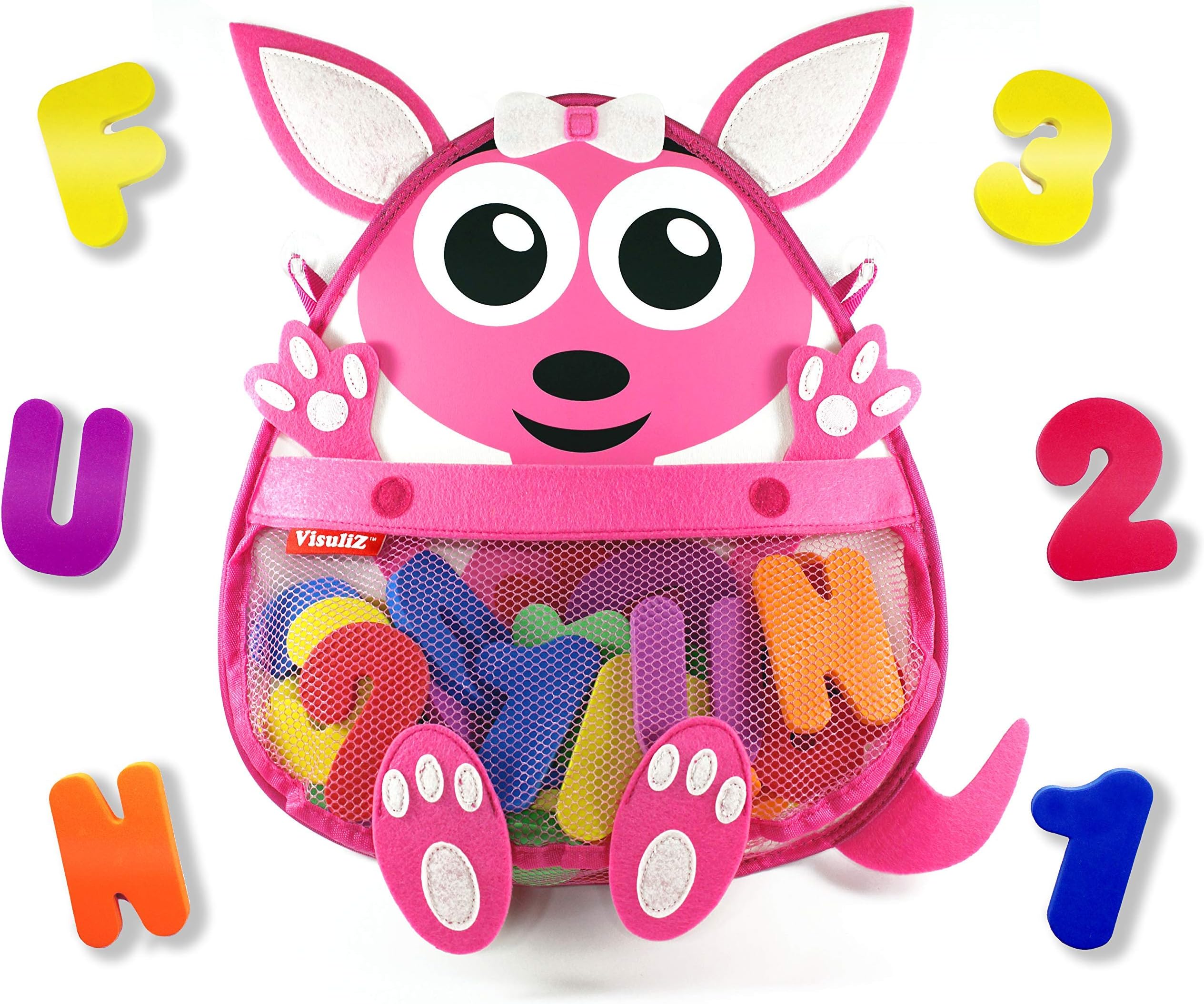 Bath Toy Organizer with Toys โ Premium Mesh Kangaroo Bath Toy Storage Net - 36 Foam Bath Letters and Numbers - 2 Reusable Adhesives - Cute, Fun, & Educational - Available in Blue & Pink