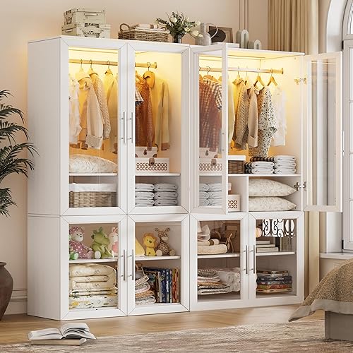 Miniatura 9 de PAKASEPT Armario Guardarropa con Puerta de Vidrio y Cajones, Gabinete Armario de Dormitorio con Barra Colgante, Armario Independiente Iluminado de
