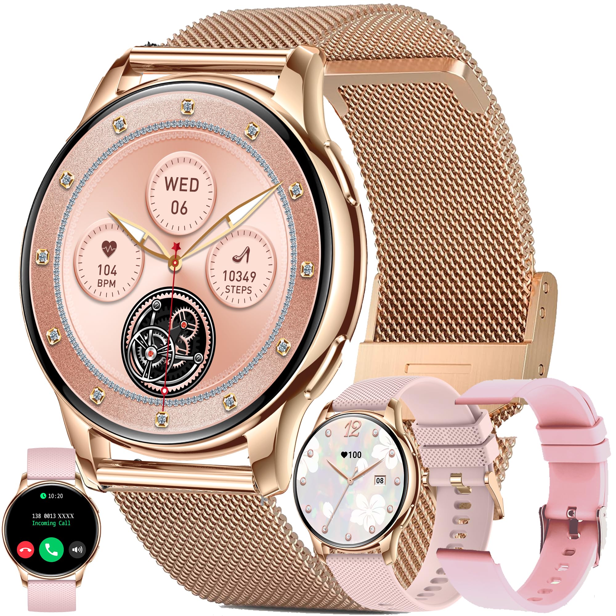 Smartwatche Kobiety z Funkcje Telefonu Bluetooth, Bateria 300 mAh, Sportowy Smartwatch 1,32" AMOLED ze 110+ trybami Sportowymi, Pomiarem Tętna, SpO2, Wodoodpornością dla Android iOS (Złoto)
