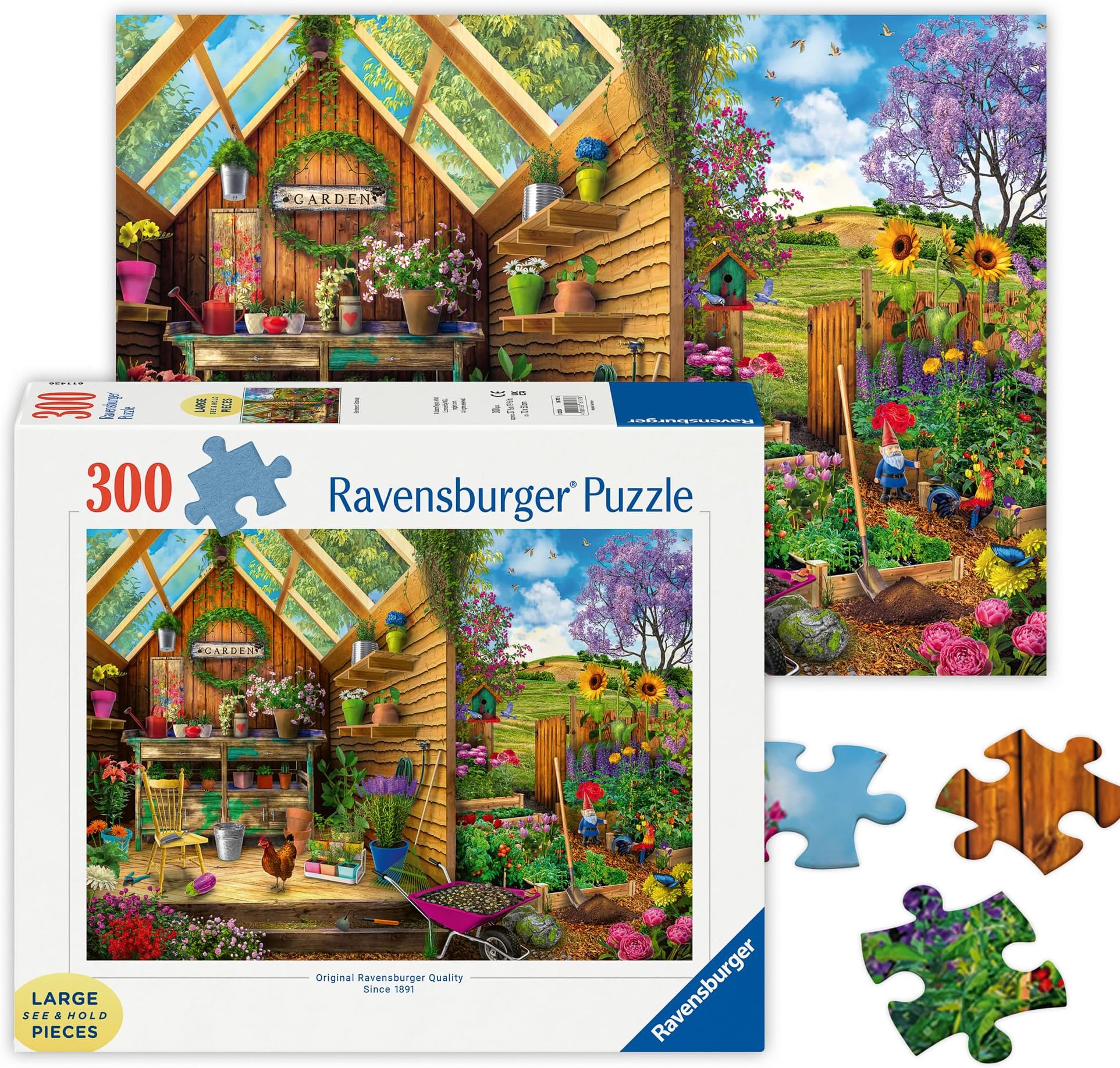 Gardener's Getaway - 300 Piece Large Format Jigsaw Puzzle - Bright and Vivid Gardener's Dream with Gnomes & More - Frameable - Premium Quality - Puzzles for Adults