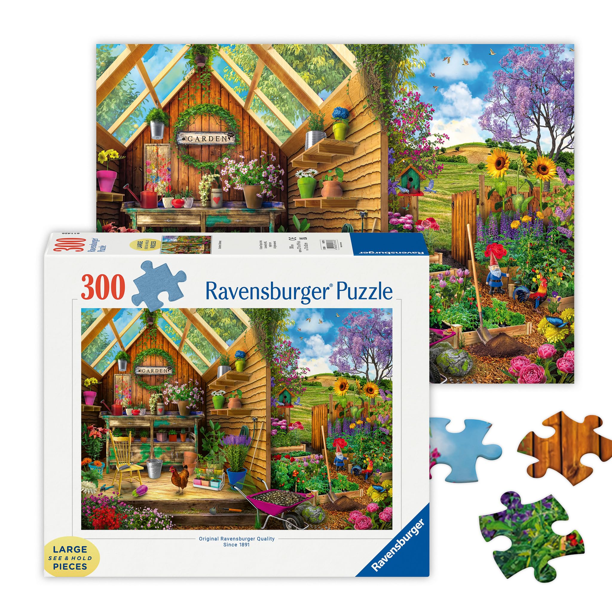 RavensburgerGardener's Getaway - 300 Piece Large Format Jigsaw Puzzle - Bright and Vivid Gardener's Dream with Gnomes & More - Frameable - Premium Quality - Puzzles for AdultsThe Forest Stewardship Council