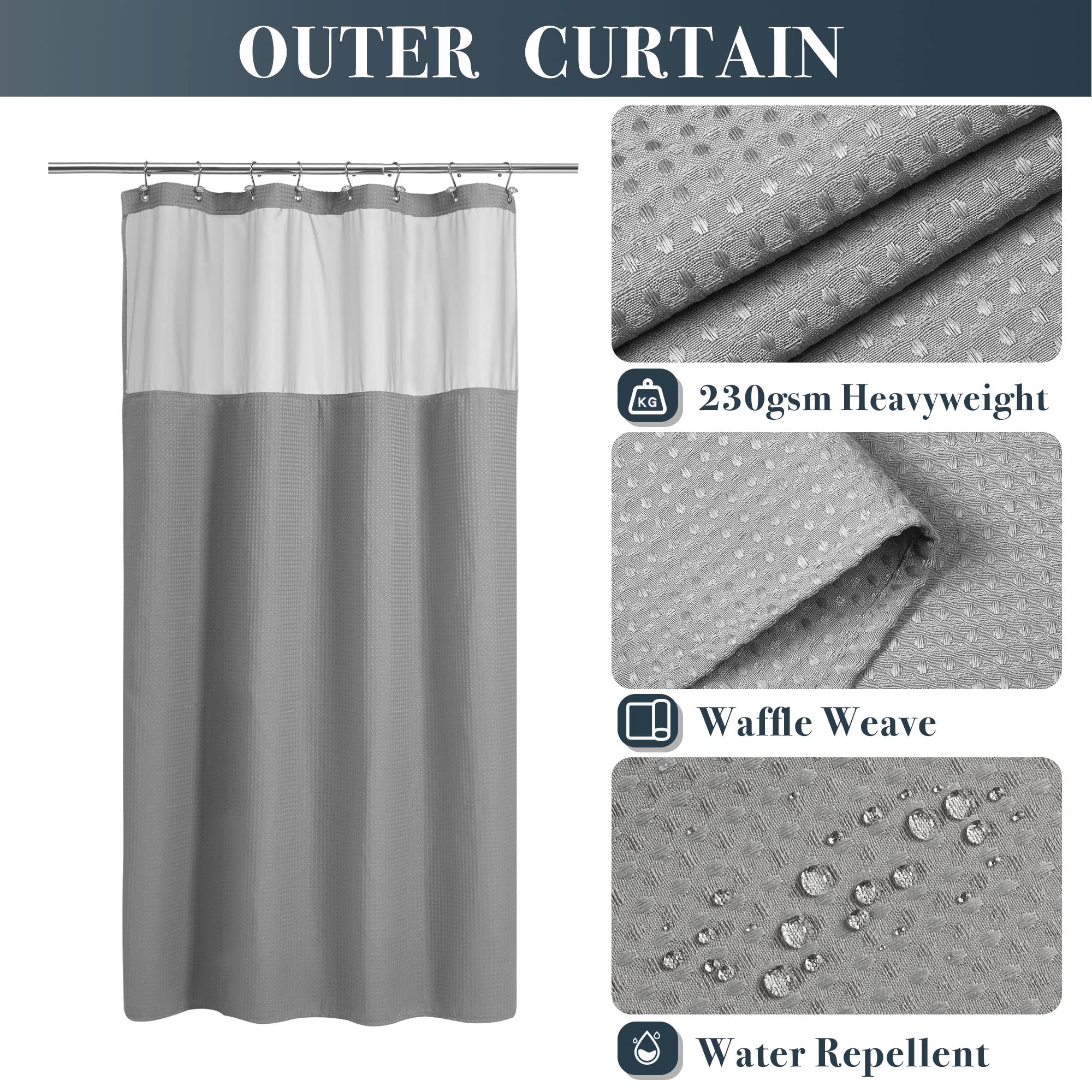 N&Y HOME Rideau de douche à tissage gaufré de 122 cm avec doublure en tissu à clipser et 12 crochets métalliques – 121,9 x 182,9 cm – Style hôtel et fenêtre sur N&Y HOME Rideau de douche à tissage gaufré de 122 cm avec doublure en tissu à clipser et 12 crochets métalliques – 121,9 x 182,9 cm – Style hôtel et fenêtre sur