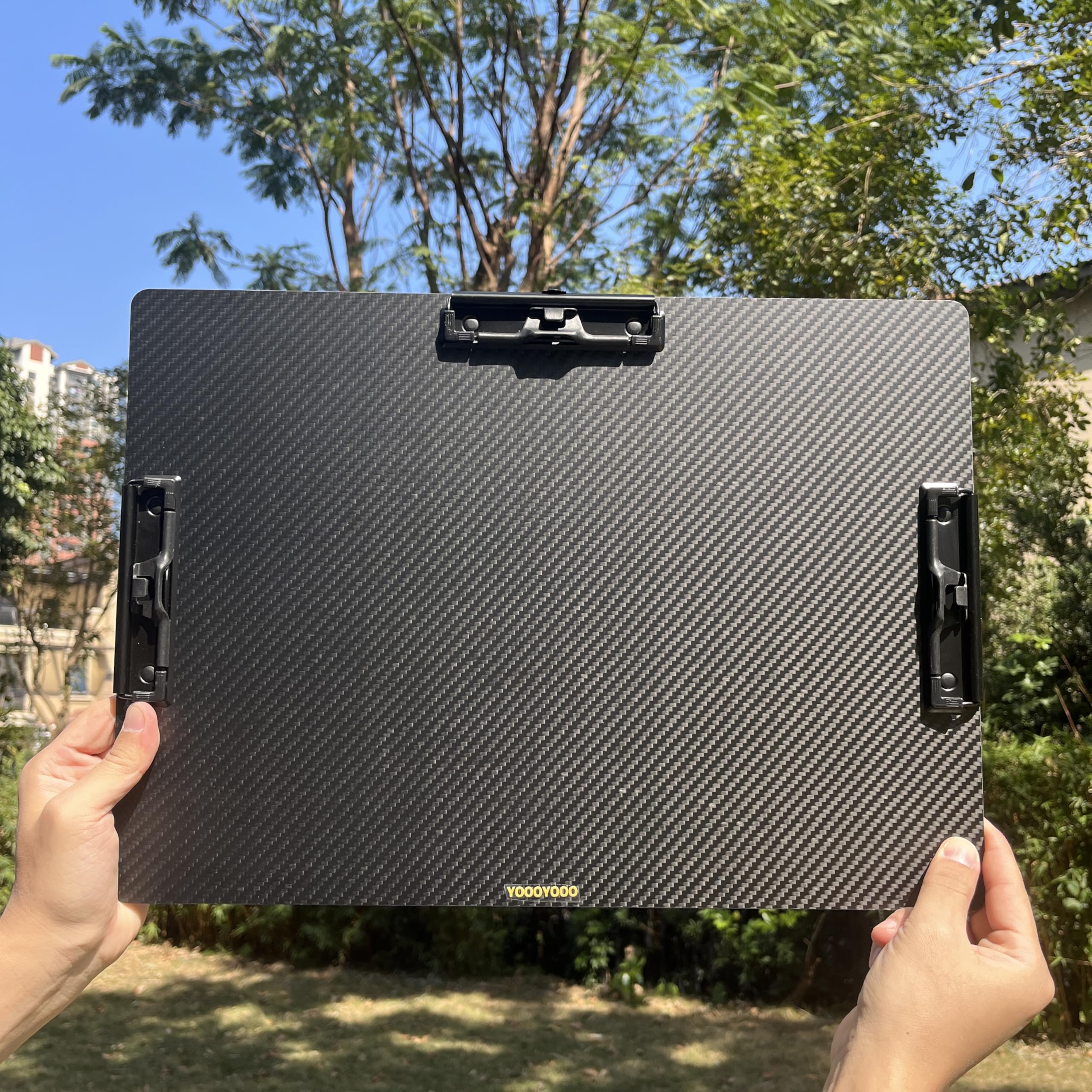 12.6x17.6x0.06in Ultra Hard Lightweight Portable Carbon Fiber Clipboard - Ledger A3 8K Size, 3 Strong Black Clips, Hook & Pen Holder, Smooth Drawing