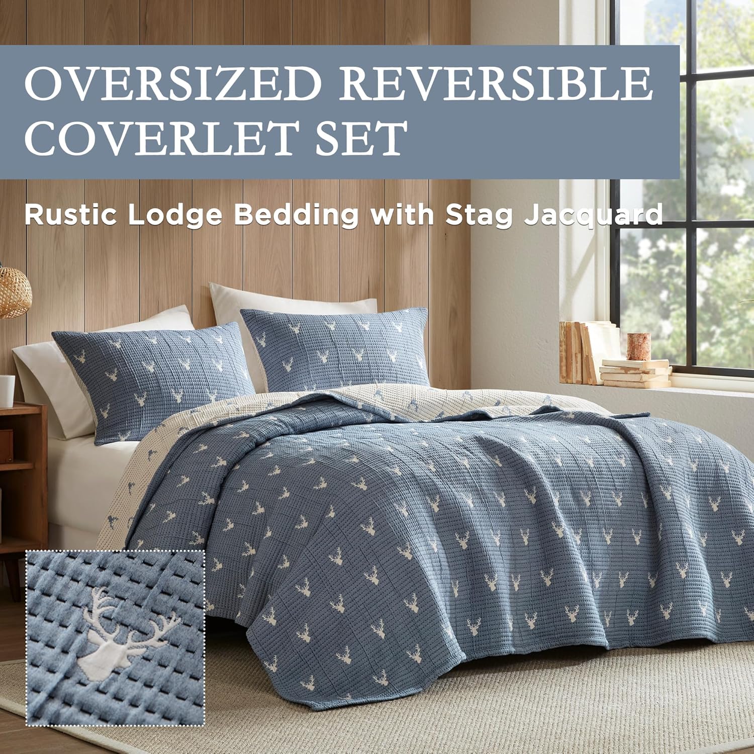 Woolrich Coverlet Set Rustic Lodge Design, 3 Piece Set All Season, Lightweight Reversible Farmhouse Bedspread Bedding, Shams, Full/Queen, Blue - Image 2