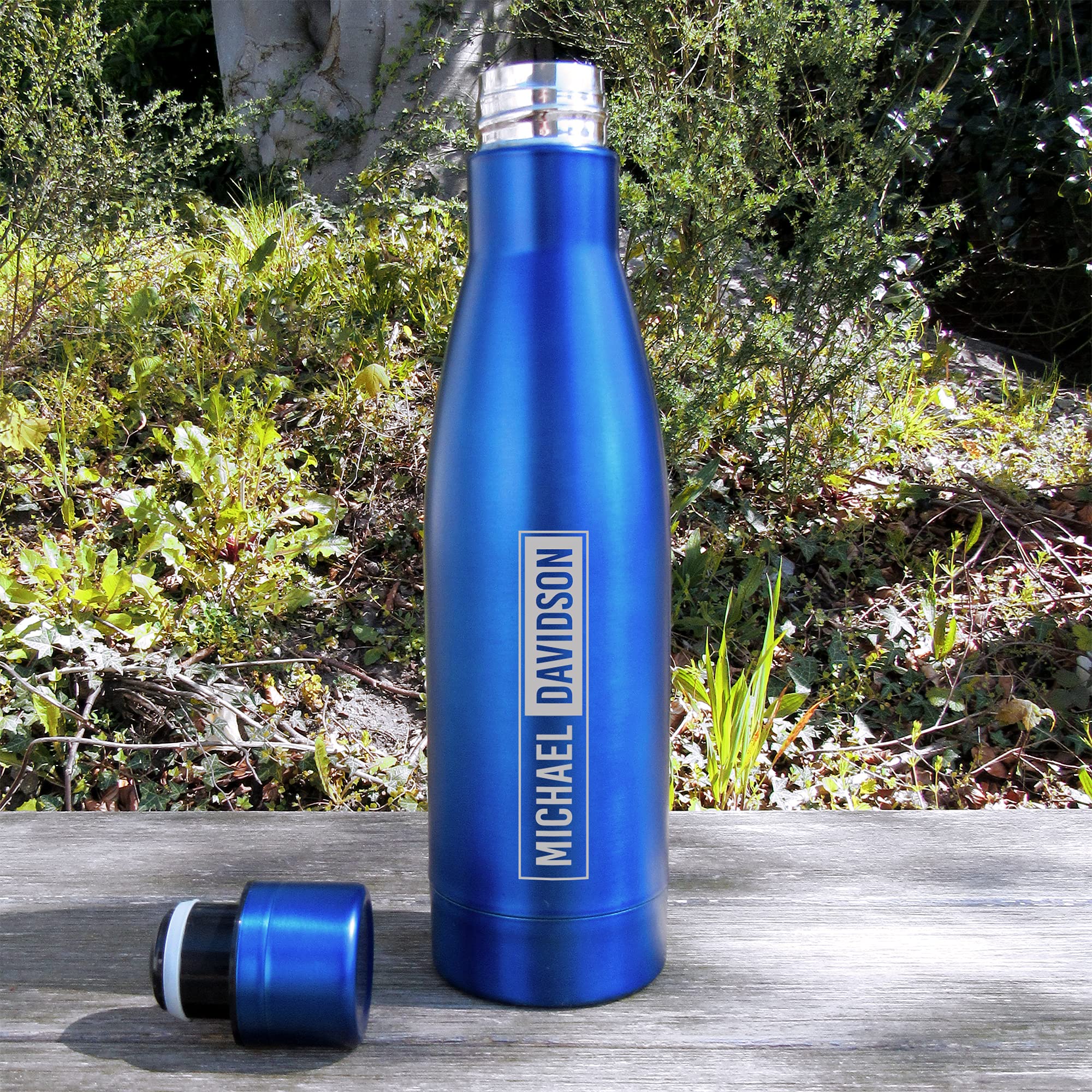 eBuyGB Personalised Copper Isulated Metal Water Bottle 500ml Stainless Steel Reusable BPA Free Metallic Drinks Bottle - Unisex Custom Name - Use for School, Gym, Outdoor, Yoga & Sports (Blue)