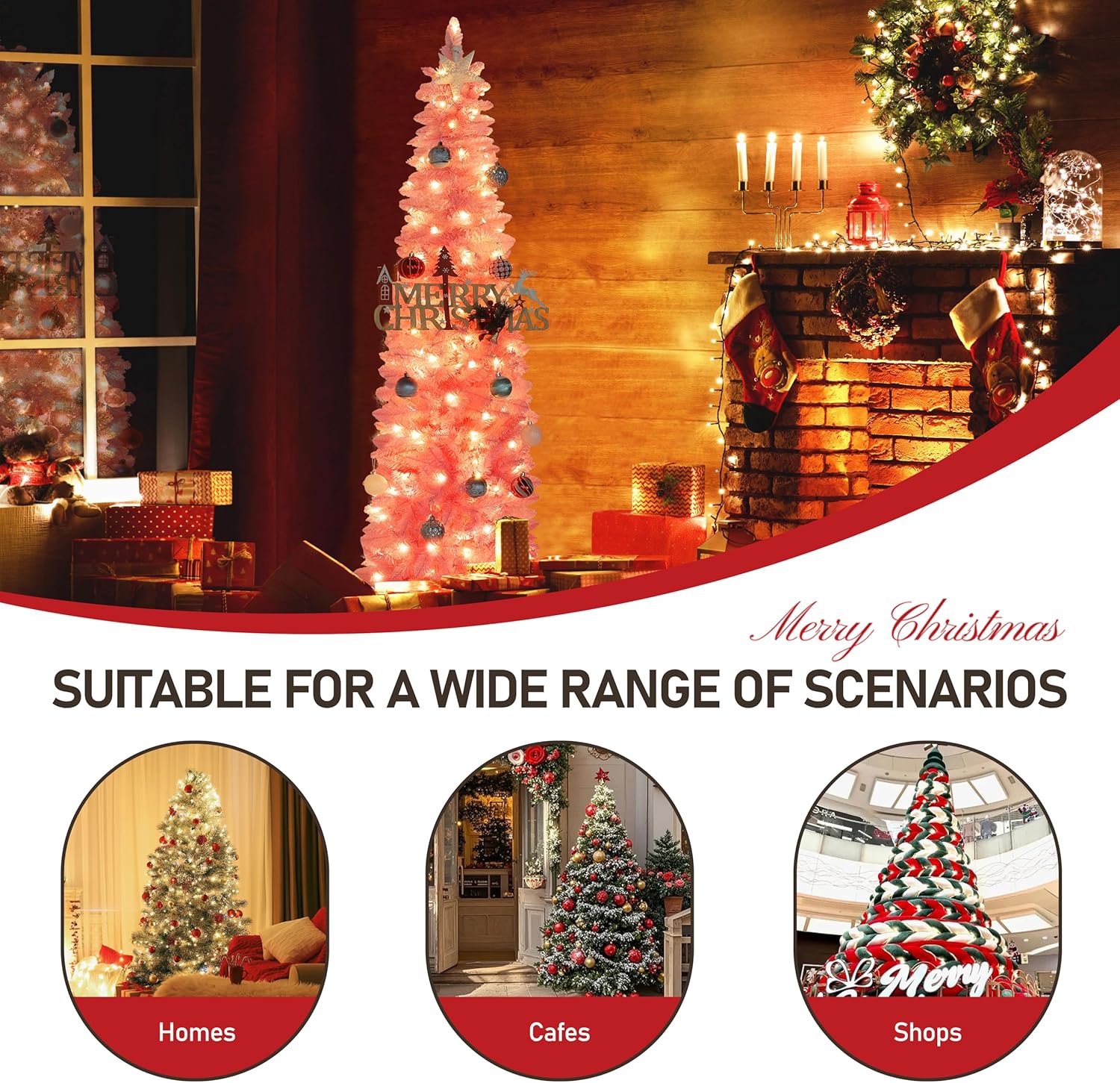 MUPATER 6FT Slim Pink Christmas Tree, Artificial Christmas Trees with Lights, Skinny Pencil Xmas Tree with Curved Top Design and Metal Stand, Holiday Decoration for Home, Office and Party, Pink