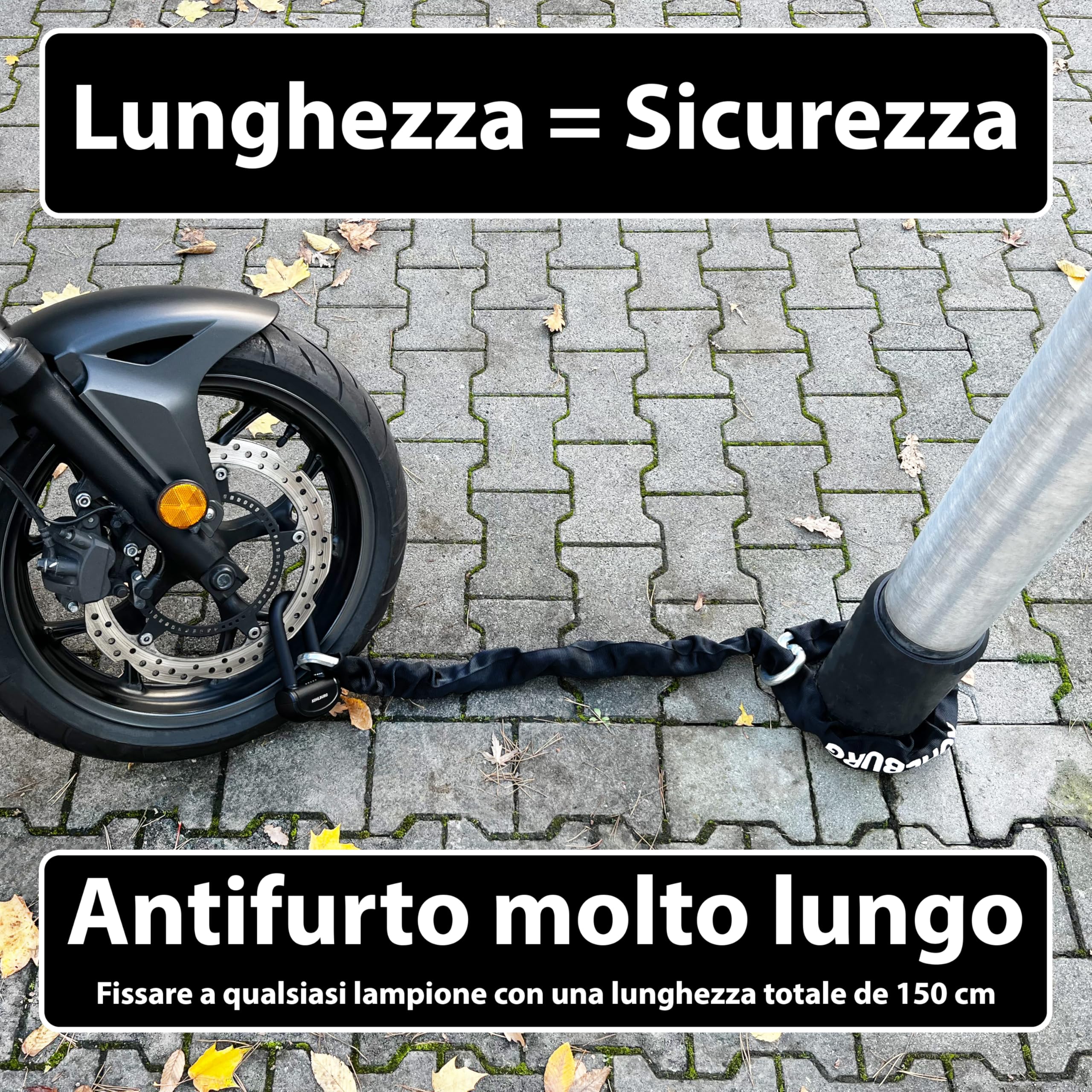 KOHLBURG catena antifurto massiccia per moto 6 kg, 150 cm di lunghezza, livello di sicurezza più alto 15+ su 15, catena in acciaio da 13 mm super robusta come antifurto per moto, scooter e e-bike