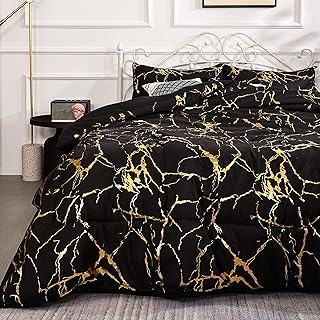 Smoofy Gold Black Comforter Queen Bed Set Marble Print Glitter Gold Bedding Set Luxury Shinny Black Queen Comforter Set for Men Women Queen Size Bedding Set 3Pcs (1 Comforter, 2 Pillowcases)