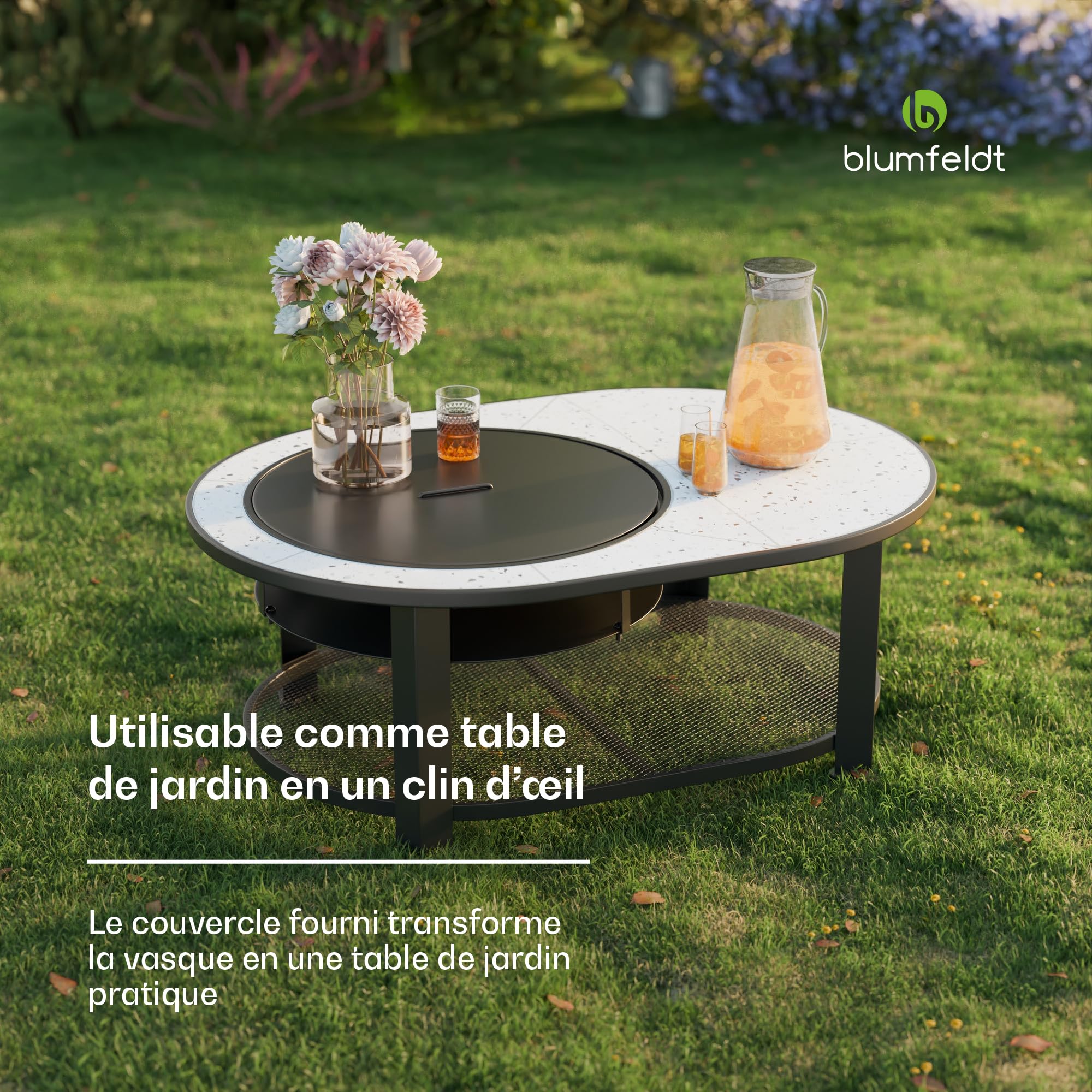 Blumfeldt Merano Circolo L Brasero Exterieur - 3-en-1 Brasero, Barbecue & Table, Plateau Terrazzo, Cadre Acier Robuste, Pare-Étincelles, Grille & Tisonnier Inclus, Idéal Jardin & Terrasse