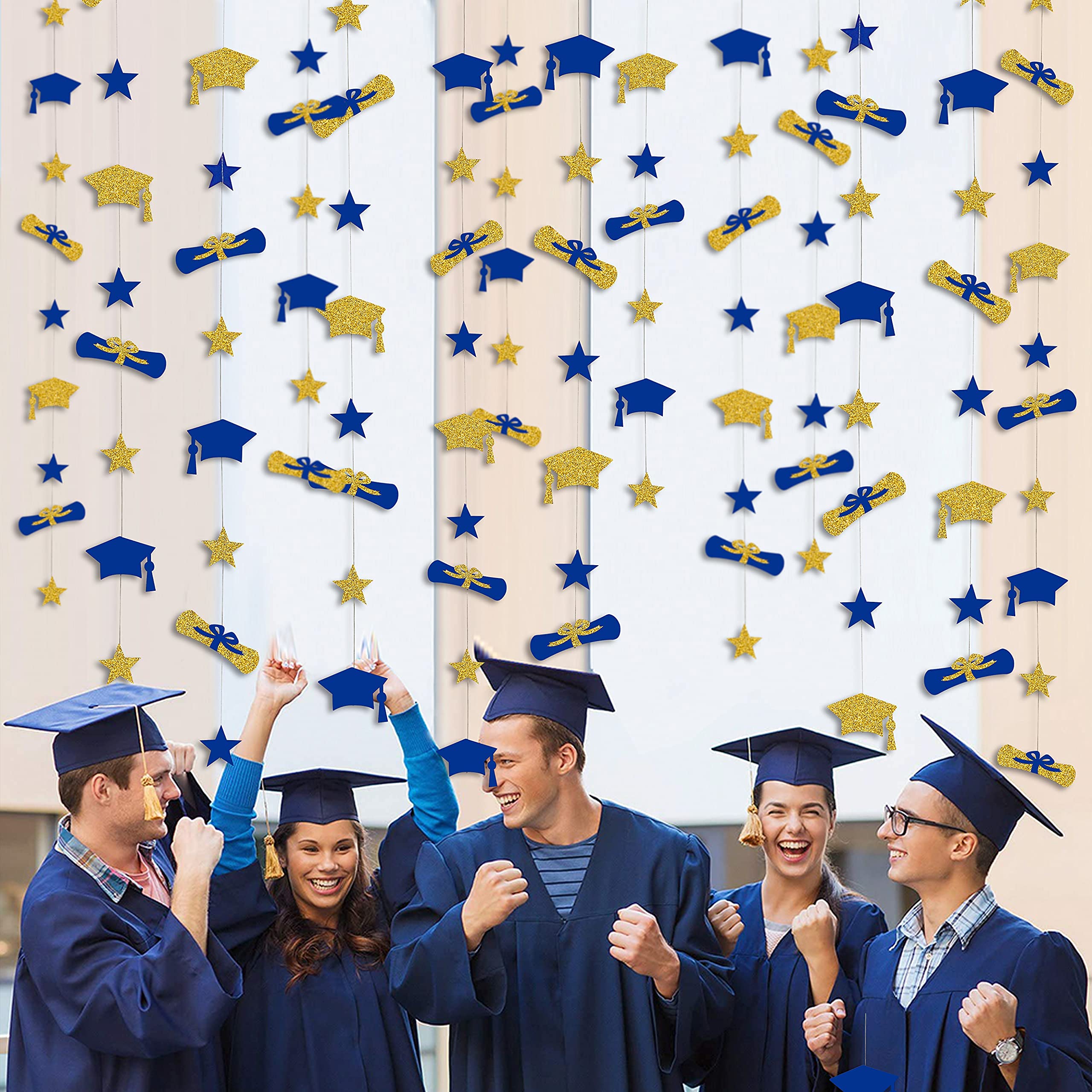 Class Of 2021 Graduation Decorations – Blue & Yellow Banner With Graduation Cap Garland, Party Supplies