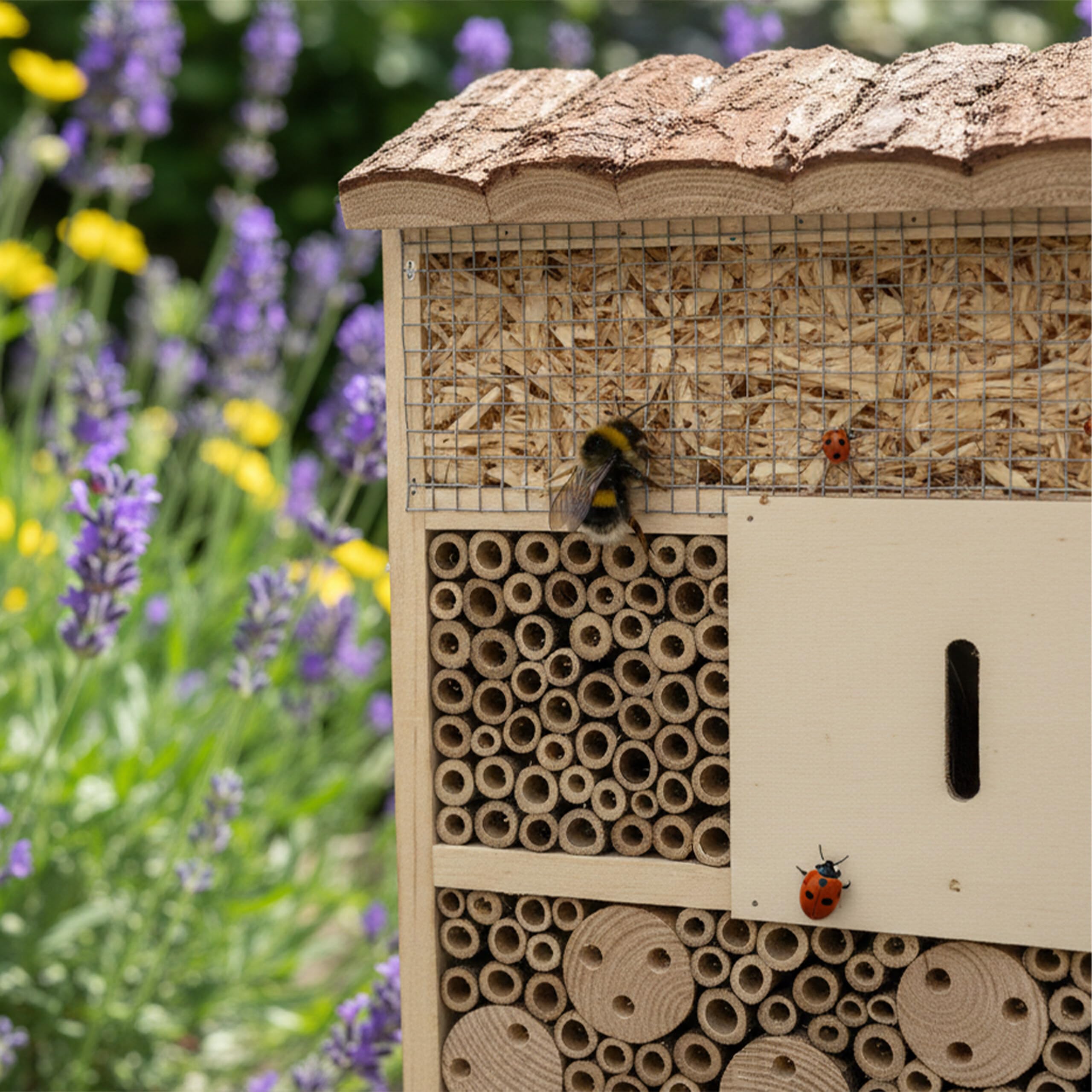 Relaxdays Hôtel à Insectes en Bois, 28x30x10 cm, à Suspendre, abri Abeilles Sauvages, Jardin & Balcon, Naturel