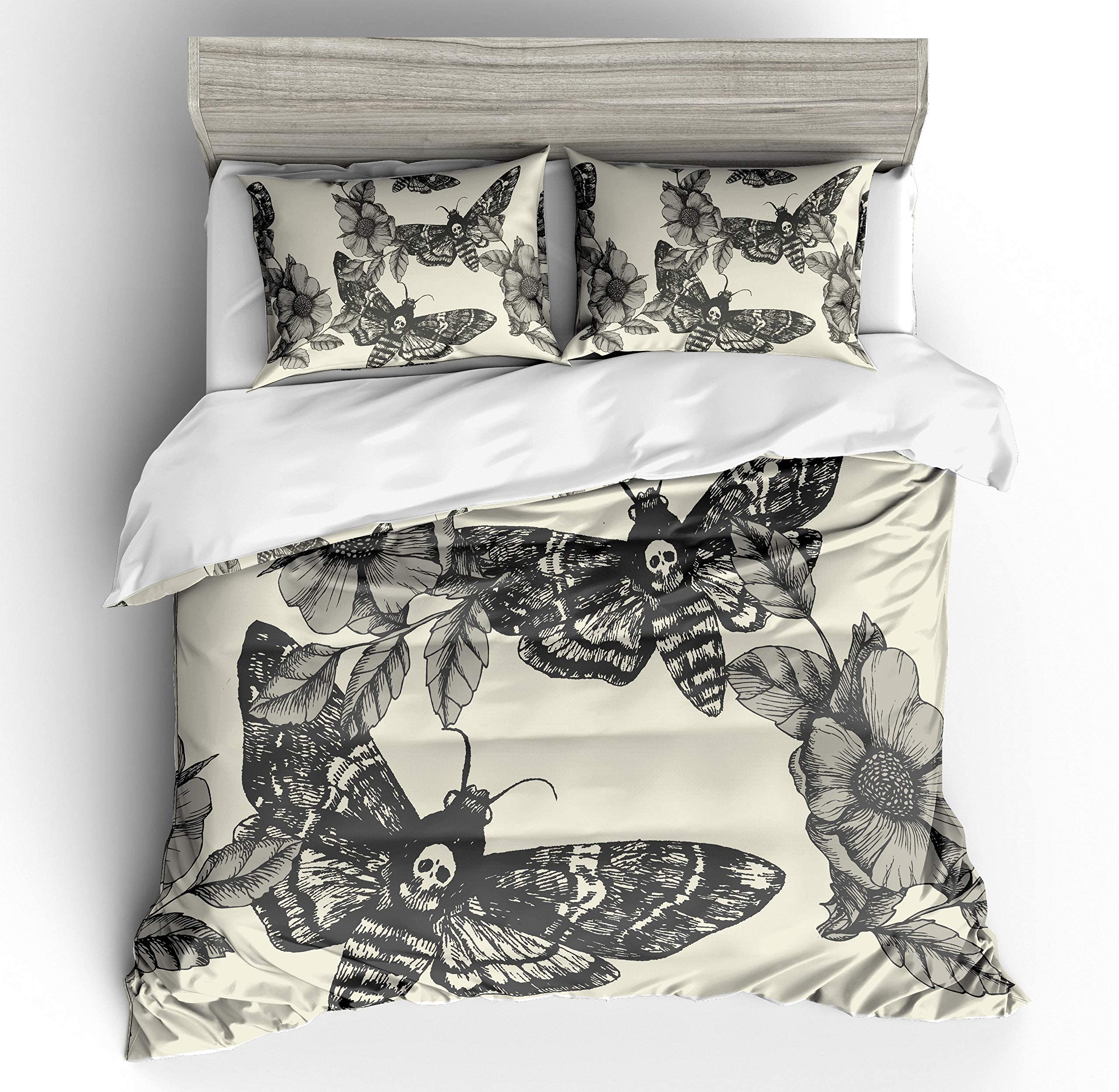 Lunoroey Black White Skull Bedding Quilt Cover 3D Digital Printing Death Skull Flower Moth Soft Easy Care Microfiber Bedding 2pc Duvet Cover Sets Single Size — image 1