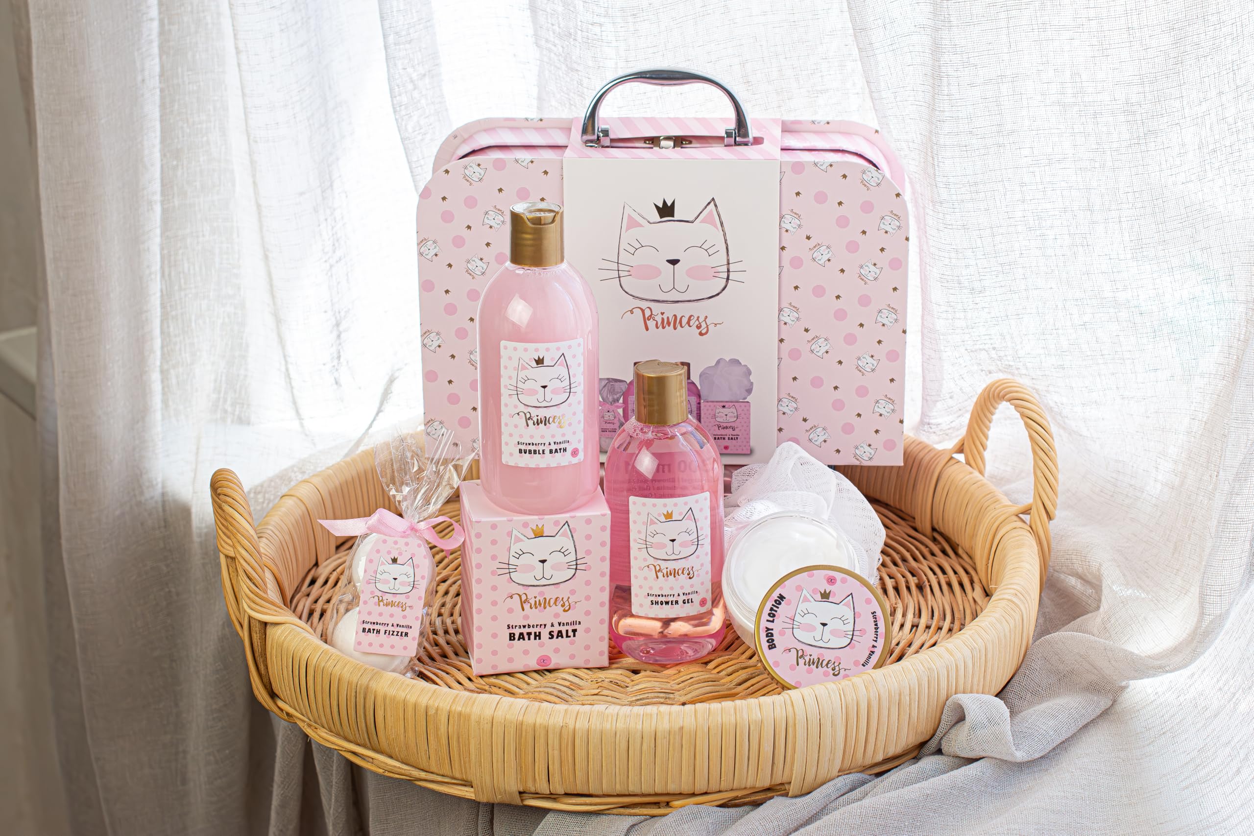 Accentra PRINCESS KITTY Juego de regalo baño mujer 250 ml gel de ducha loción exfoliante crema bombas baño esponja cesta fresa vainilla