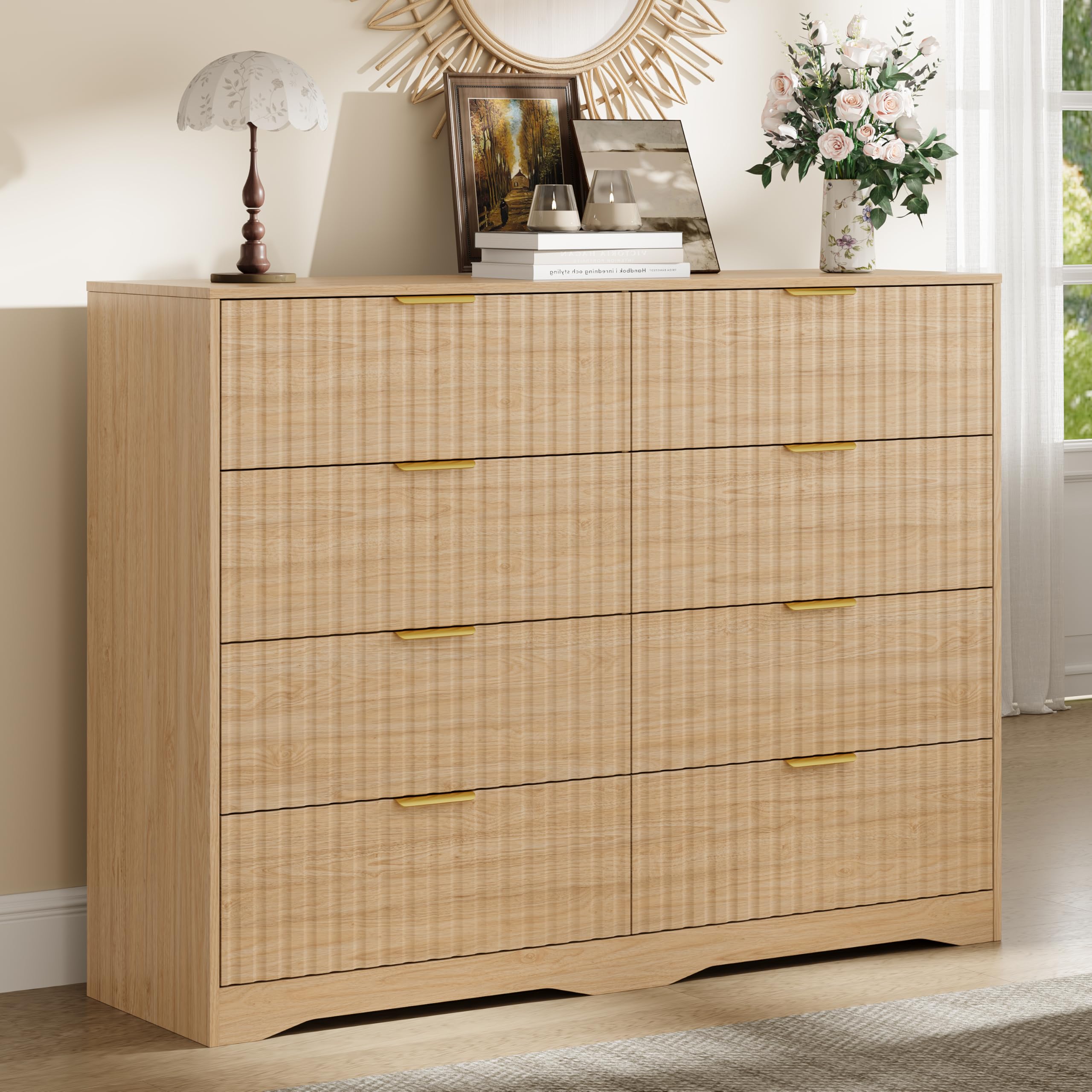 Fluted 8 Drawer Dresser for Bedroom,Tall Chest of Drawers,Natural Wood