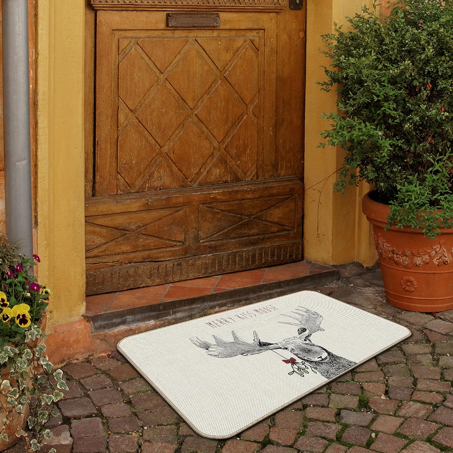 Nogrit Merry Kiss Moose Christmas Xmas Floor Mats, Funny Non-Slip 17x30 Inch Indoor/Outdoor Door Mat