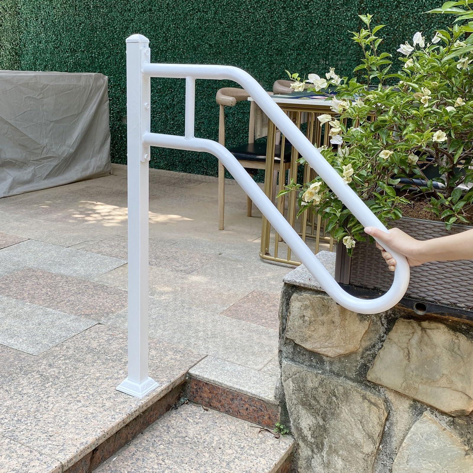 SMQLJXC 32"L X 37.4"H Single Post Wrought Iron Handrails for Outdoor 1-3 Steps,Metal Outdoor Stair Railing,Railings for Steps,Fits Garage, Porch(White)