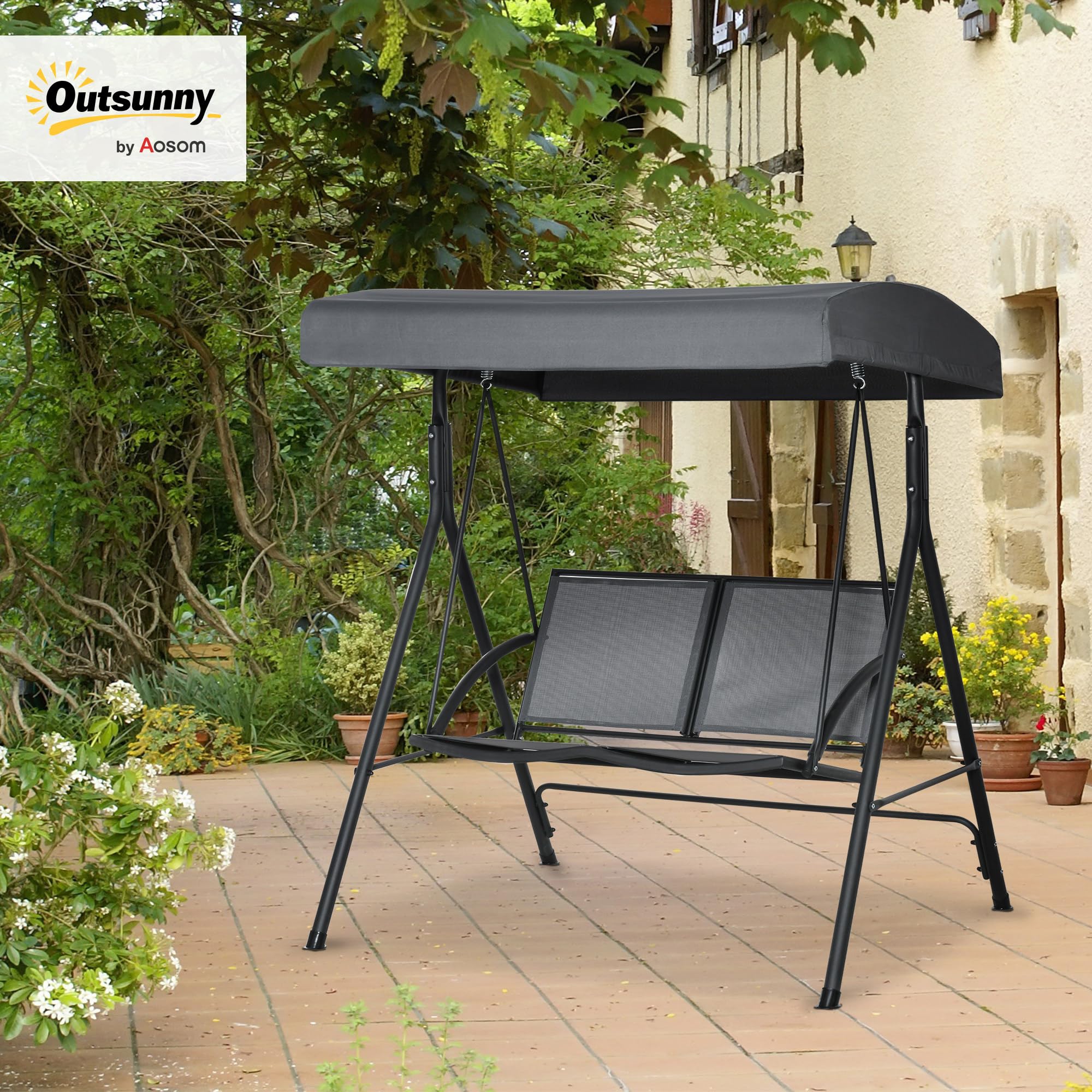 Outsunny Columpio de Jardín Exterior de 2 Plazas, Balancín de Jardín Exterior con Techo Ajustable, Marco de Acero, Asientos de Textilene, para Balcón Terraza, Carga 220 kg, 140x118x162 cm, Gris Oscuro