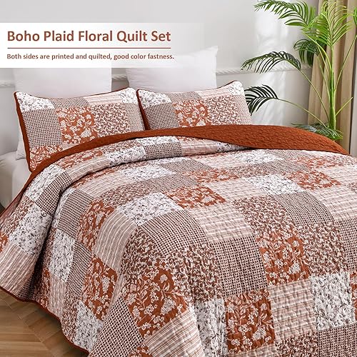 Vista 117 de Mybedsoul - Juego de edredón floral a cuadros color azul aguamarina de 3 piezas tamaño King, bohemio, de microfibra ligera, para todas