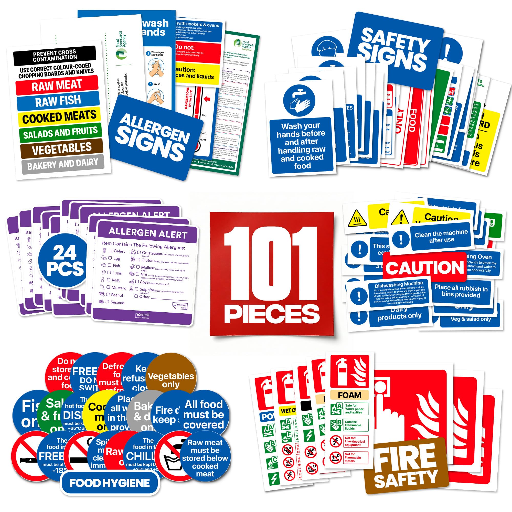 101pc Complete Kitchen Safety Signs Set - Gloss Self Adhesive Vinyl Kitchen Essentials Food Hygiene Stickers, Allergen Stickers & More - Water, Oil & Heat Resistant For Safety and Compliance