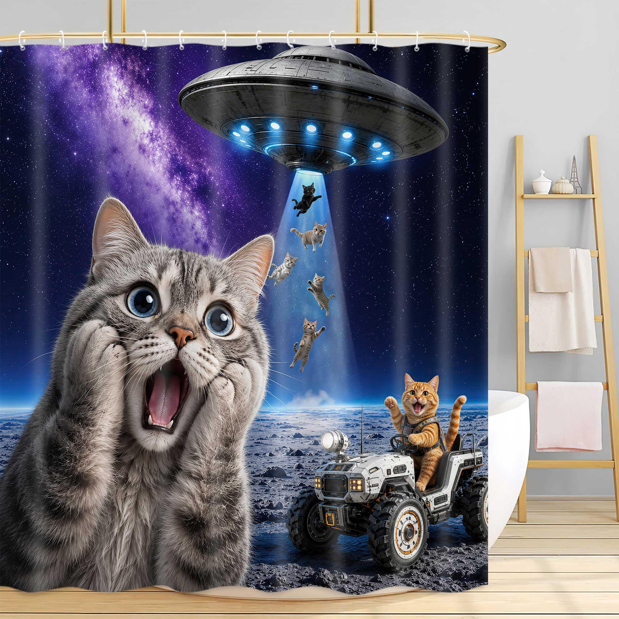 Boziqr Cat Shower Curtain, Funny Cat UFO Fantasy Galaxy Shower Curtains for Bathroom Decor, Fun Cat Shower Curtain Set with 12 Hooks for Bathroom Decor Accessories Bathtub Curtain, 72"x84"