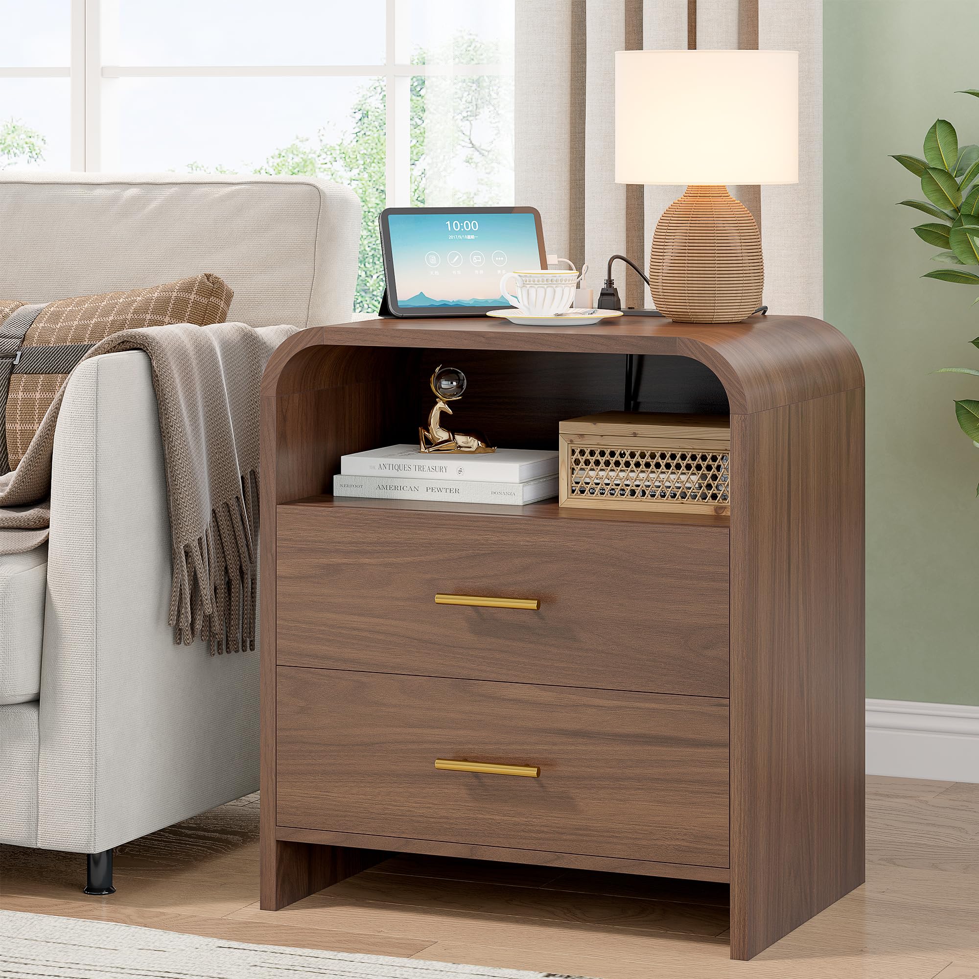 Modern Nightstand with Charging Station, 25'' Tall Night Stand w/ 2 Storage Drawers, 23.6'' Wide Mid Century Bedside Table, Wood End Table for Bedroom, Curved Profile Design, Walnut