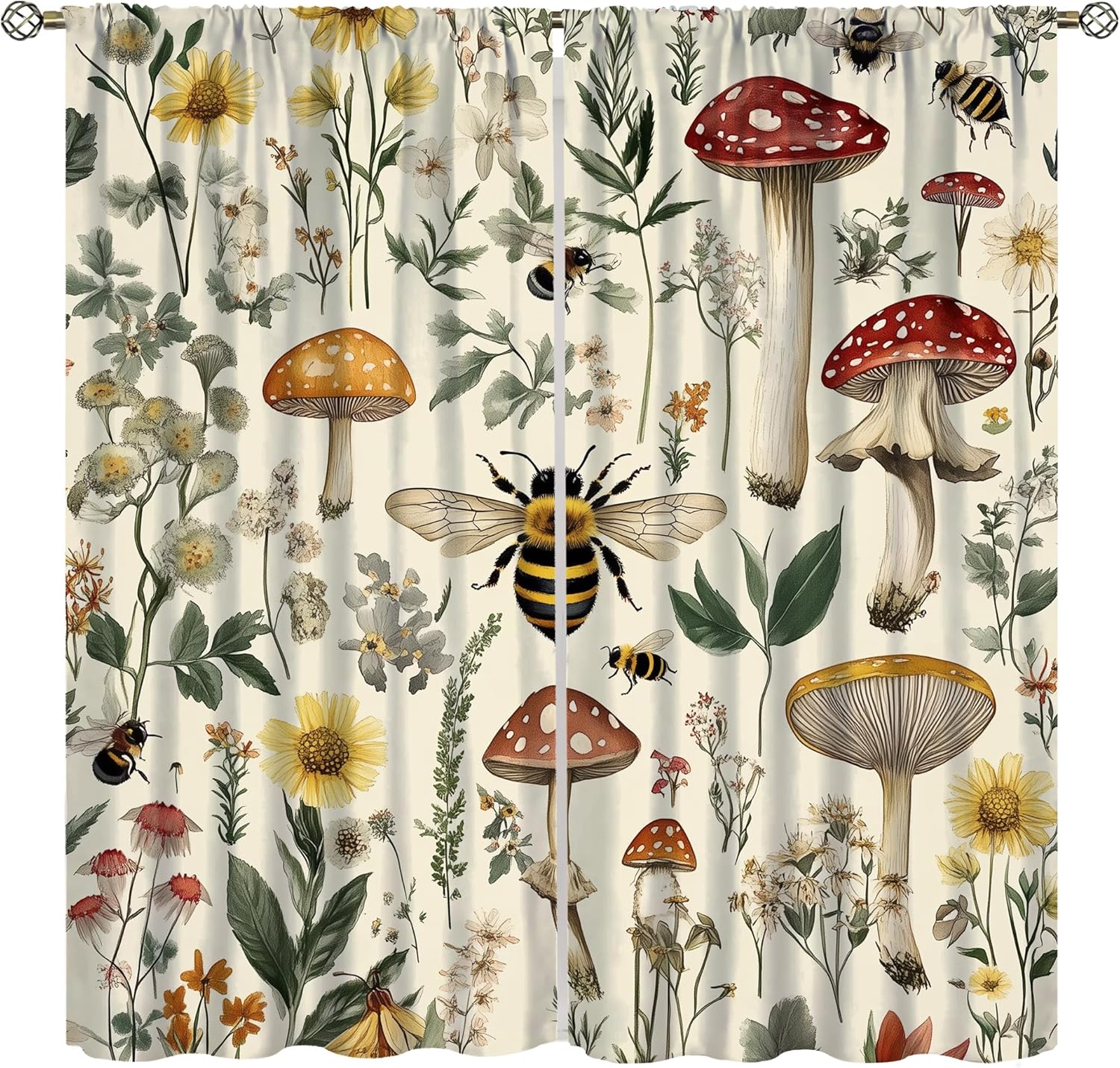 Rustic Mushroom Blackout Curtains for Kitchen Botanical Floral Cottagecore Bee Aesthetic Vintage Chic Flower Plant Window Treatments for Boys Girls Bedroom Living Room 42x54In
