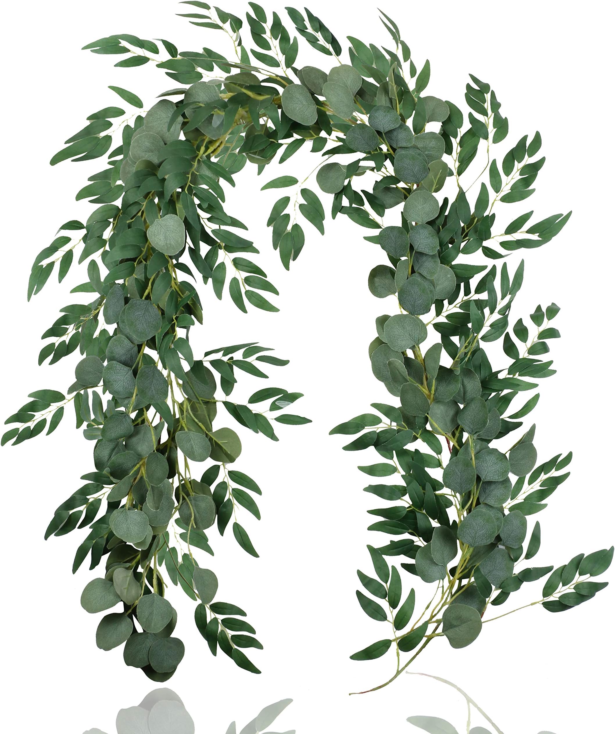 Falflor 2Pcs Greenery Garland 6.5Ft Artificial Eucalyptus Garland and 6.5Ft Willow Leaves Plants Table Runner Fake Vine for Wedding Home Decor(2Pcs)